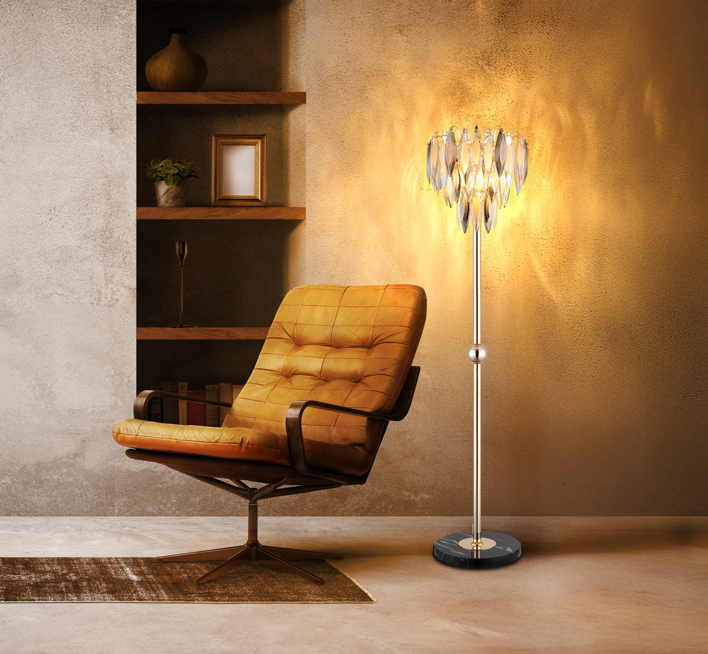 GLOBO LIGHTING Stehlampe »ELINOR« E14 1 Stk. Stehleuchte Gold/Marmor, K9 Kristalle, Fußtrittschalter, E14