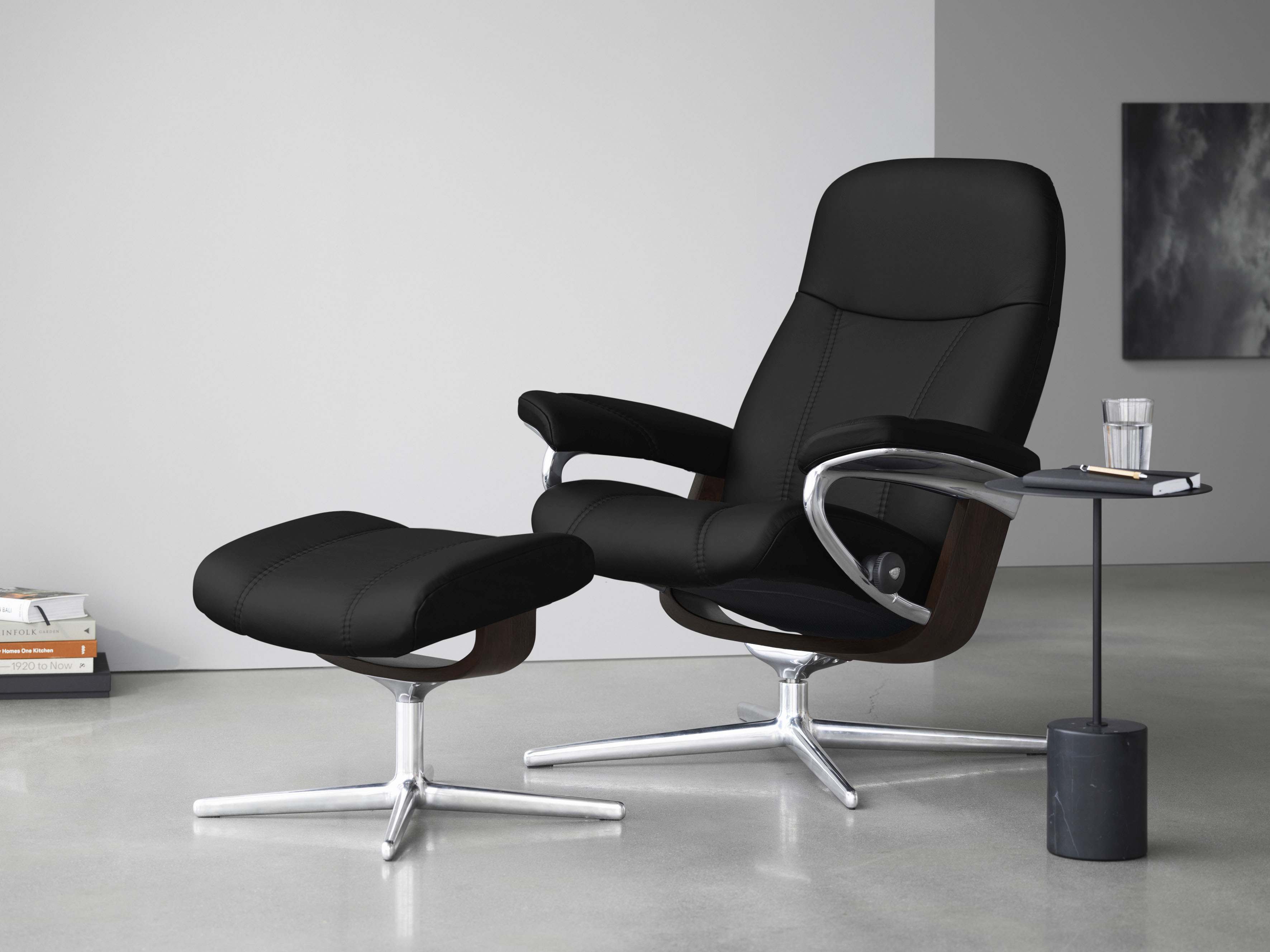 Stressless Relaxsessel "Consul" Set, Relaxsessel mit Hocker, mit Hocker, mit Cross Base, Größe S, M & L, Holzakzent Braun