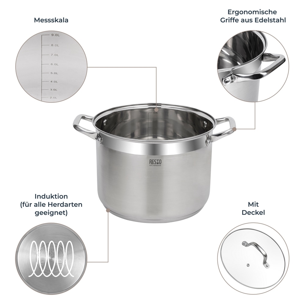 RESTO Kitchenware Kochtopf »Libra, Topf energiesparend und spülmaschinenfest«, Edelstahl 18/10, (2 tlg.), mit hitzebeständigem Glasdeckel und Griffen