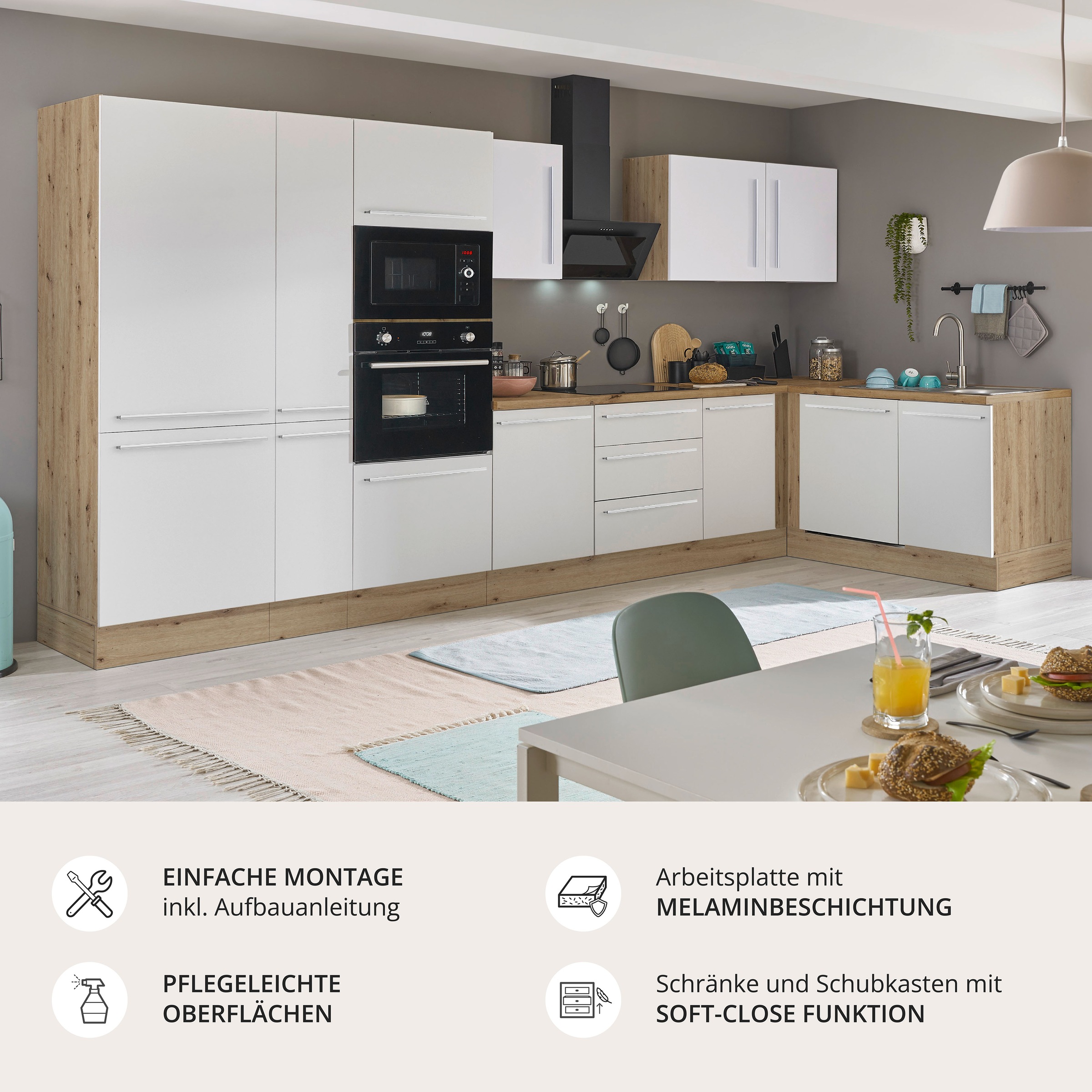 KOCHSTATION Winkelküche »Florida, Stellbreite 370x175 cm« wahlweise mit E-Geräten, mit Softclose für Türen und Schubkästen