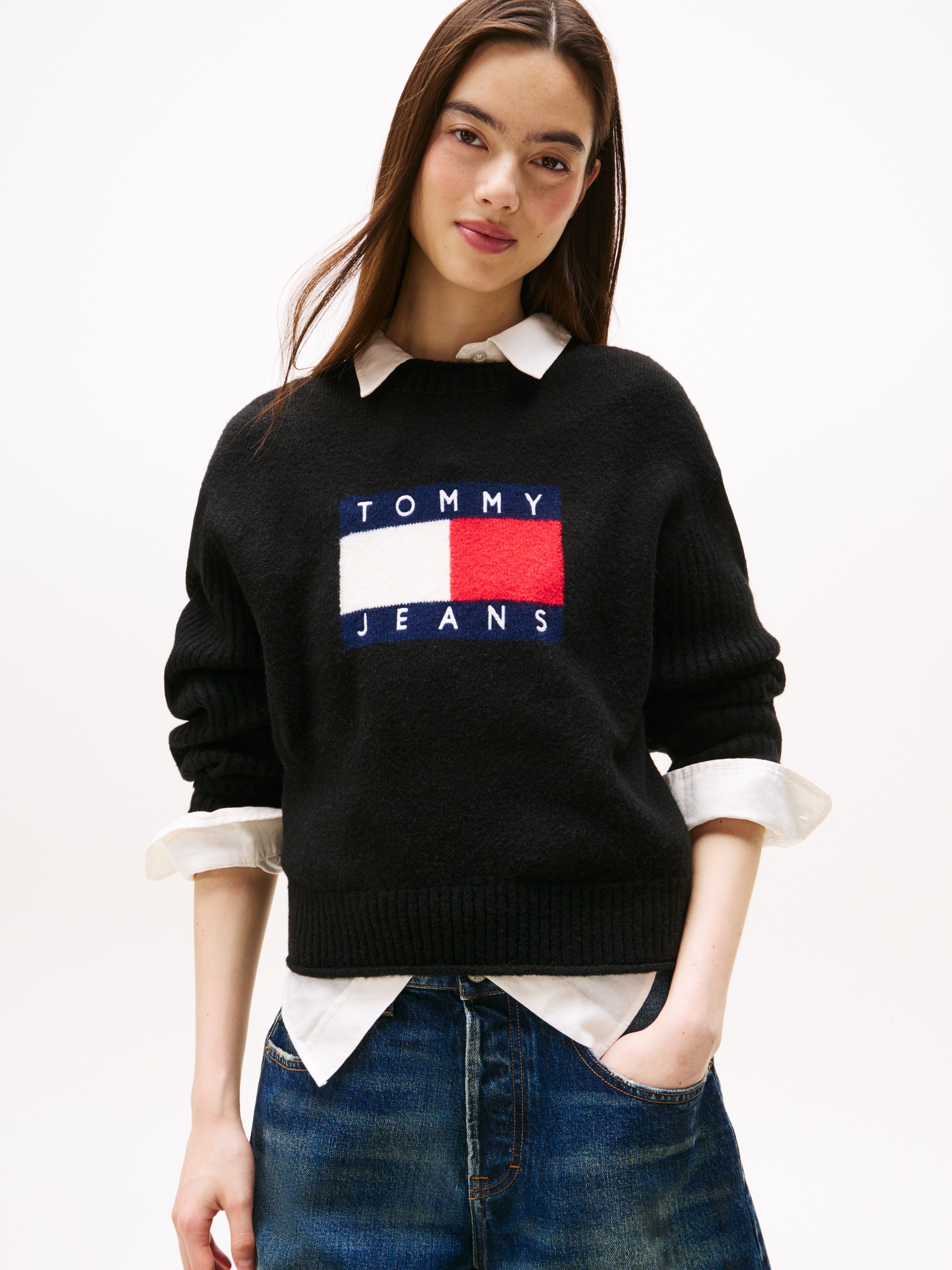 Tommy Jeans Strickpullover "TJW MELANGE FLAG SWEATER RIB EXT" in gerippter günstig online kaufen