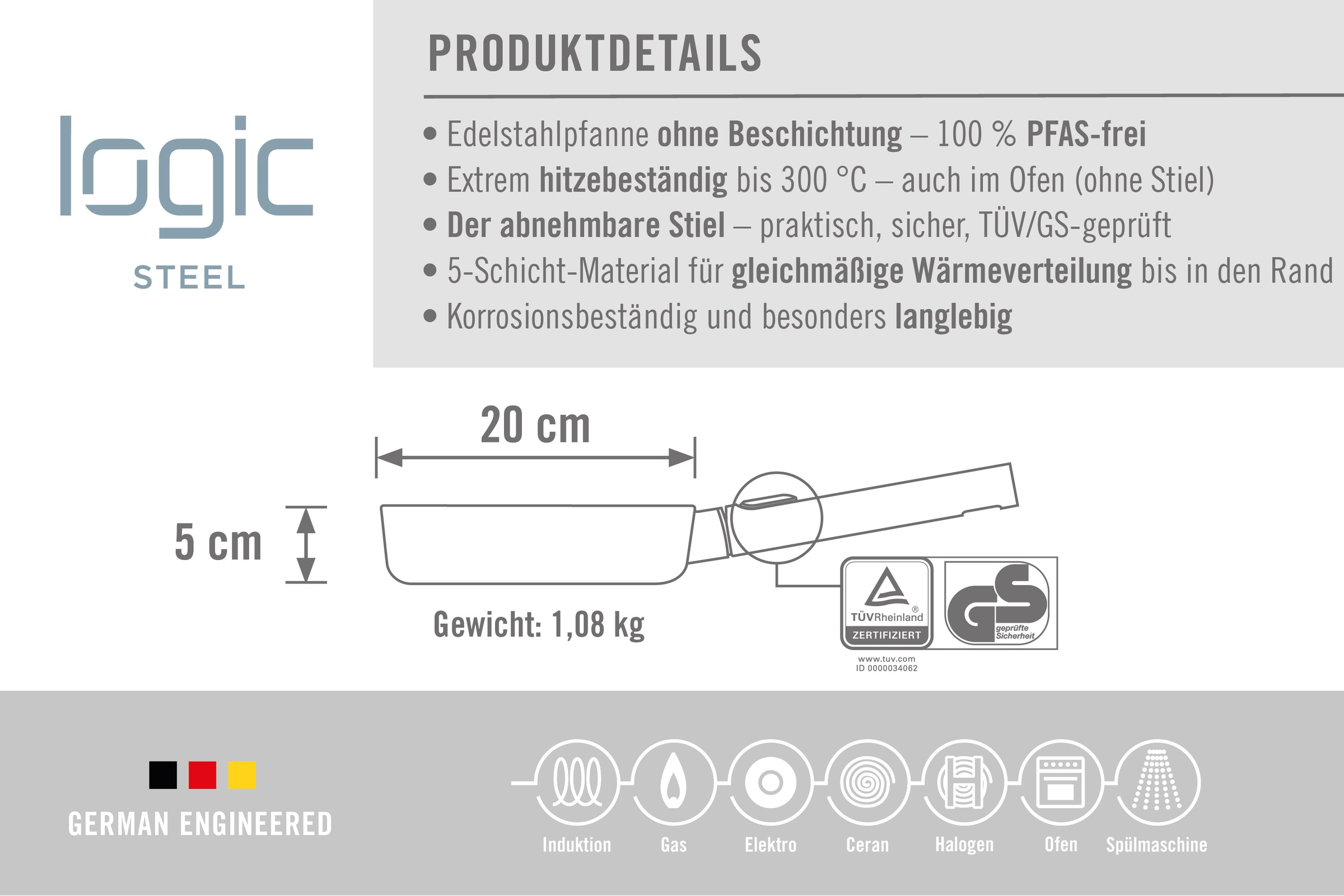 WOLL Bratpfanne »Logic Steel«, Edelstahl 18/10, (1 tlg.), 5-Schicht-Aufbau