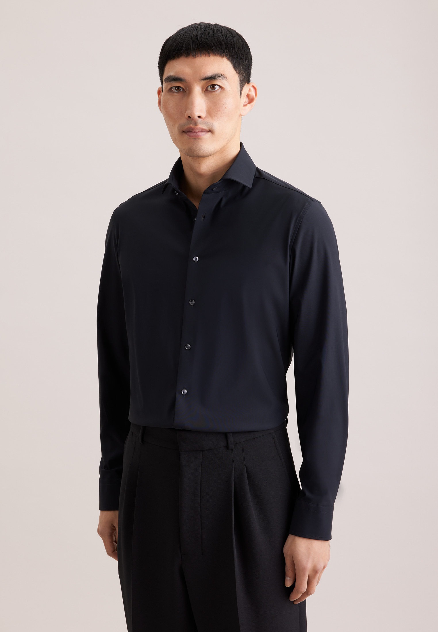 Businesshemd SEIDENSTICKER "Schwarze Rose", Herren, Gr. M (39), normale Ärmellängen, schwarz, 80% Polyamid, 20% Elastan, unifarben, slim fit, 2-Knopf-Manschette, Hemden, Slim 1/1 Kentkragen Uni