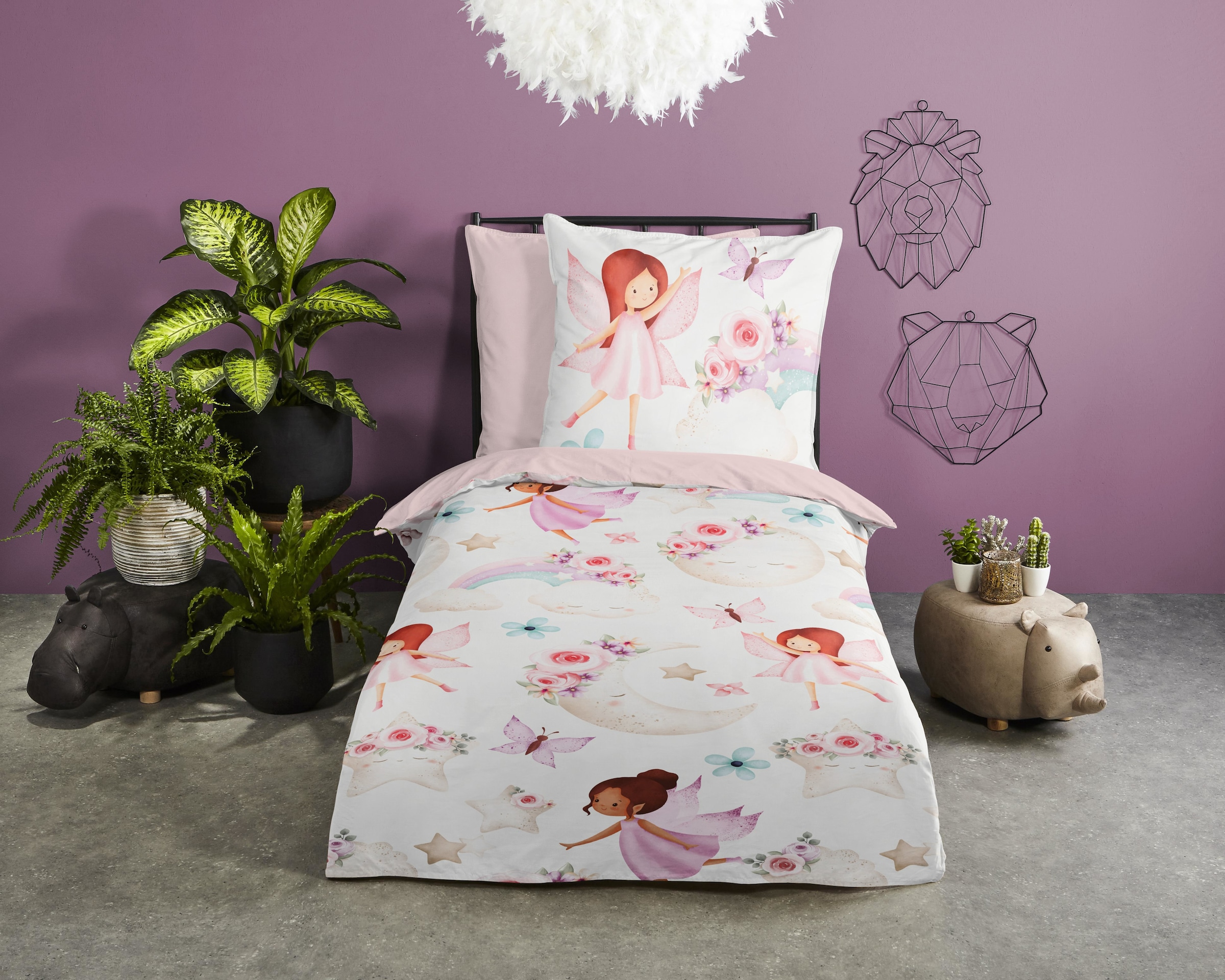good morning Kinderbettwäsche »Lucia«, Baumwolle, 135x200, Reißverschluss, Wende, Mädchen, Fee, Weiß, Rosa