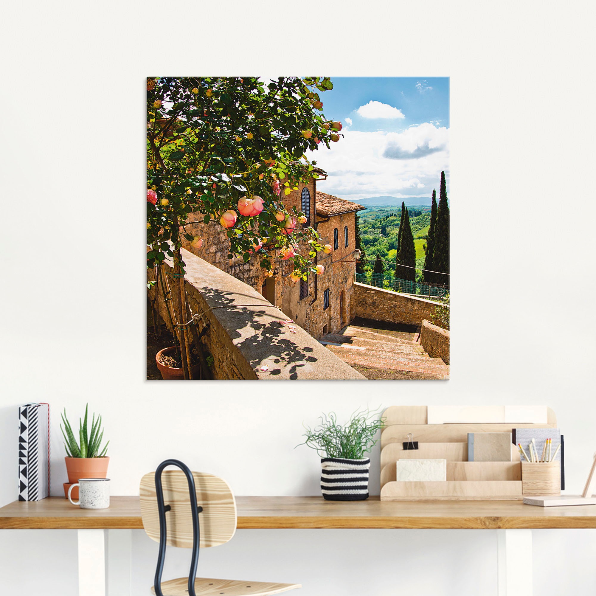 Artland Glasbild "Rosen auf Balkon Toskanalandschaft" Garten 1 Stk. tlg. in günstig online kaufen