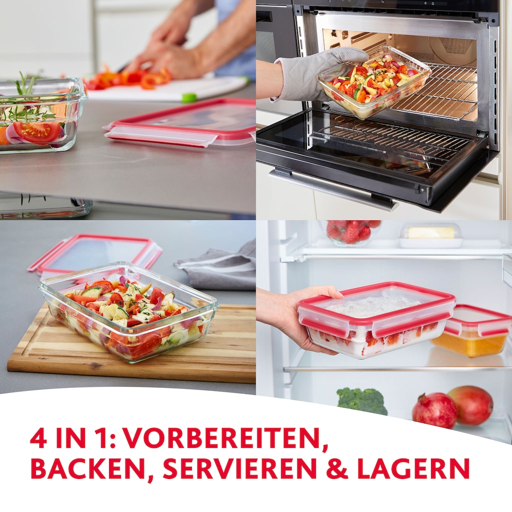 Emsa Frischhaltedose »EMSA CLIP & CLOSE GLAS 514168 Aufbewahrungsbehälter, Glasbehälter, Stapelkante, Backofen-Geeignet bis zu 420°C, Auslaufsicher, Gefriergeeignet, Hygienisch, Deutsche Technologie, SET 0,45/0,8/2,0 L«, (Set, 3 tlg.)