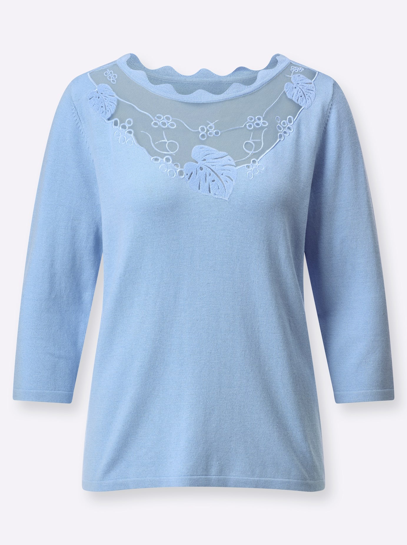 3/4 Arm-Pullover CREATION L "Feinstrickpullover", Damen, Gr. 44, blau (eisblau), 42% Viskose, 30% Lyocell, 28% Polyester, unifarben, Pullover 3