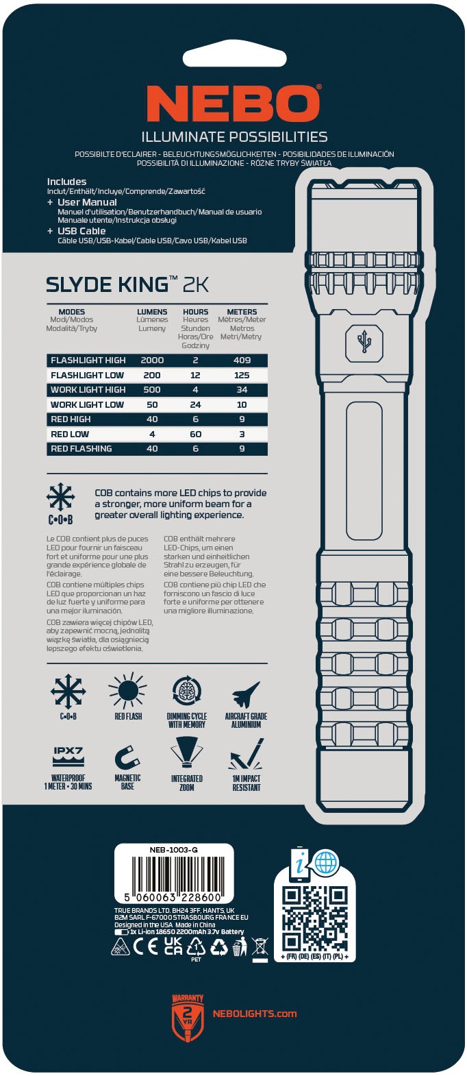 NEBO LED Taschenlampe »Nebo SLYDE KING 2K« Set, Taschenlampe inkl. Ladekabel, 2 Stk. tlg. 2.000-Lumen-Lampe-4-fach-Zoom sowie 500-Lumen-C•O•B-Arbeitsleuchte