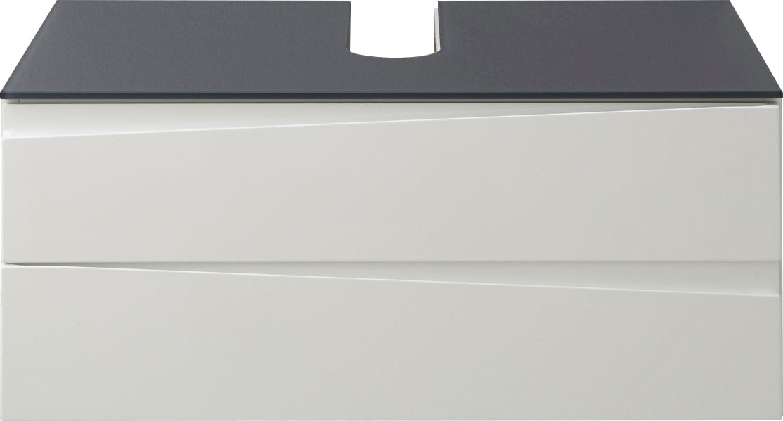 Homexperts Waschbeckenunterschrank »Sharpcut«, in Hochglanz weiß mit Grifffräsung und Glasplatte, B 80, H 33, T 47 cm