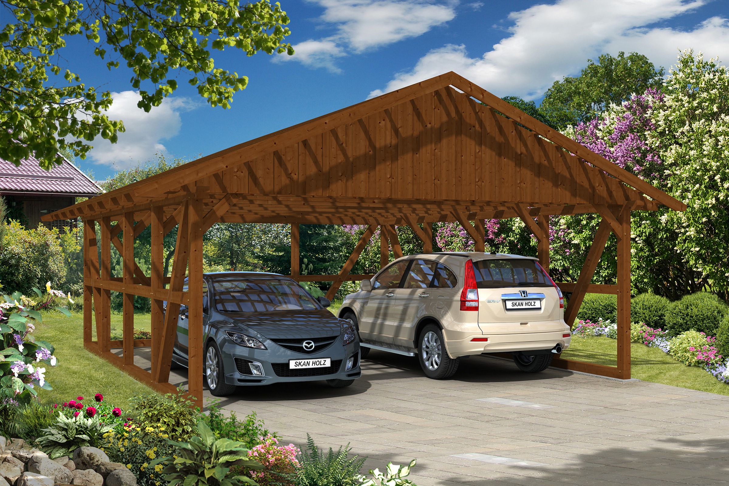 Skanholz Doppelcarport »Schwarzwald«, 560 cm, Nussbaum, mit Dachlattung