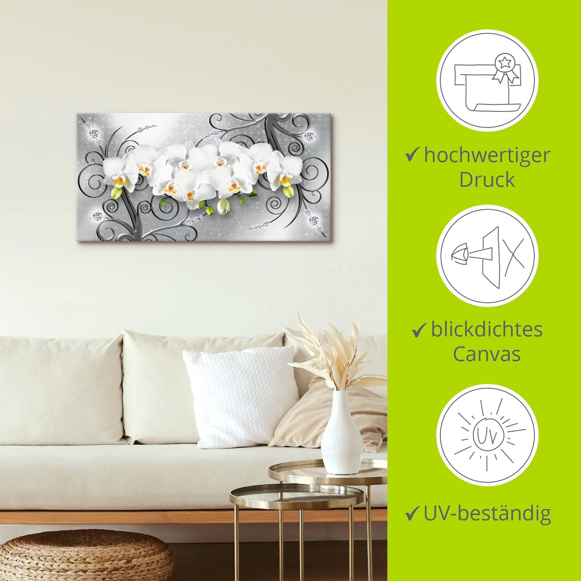 Artland Wandbild »weiße Orchideen auf Ornamenten«, Blumenbilder, (1 St.), als Alubild, Outdoorbild, Leinwandbild, Poster, Wandaufkleber