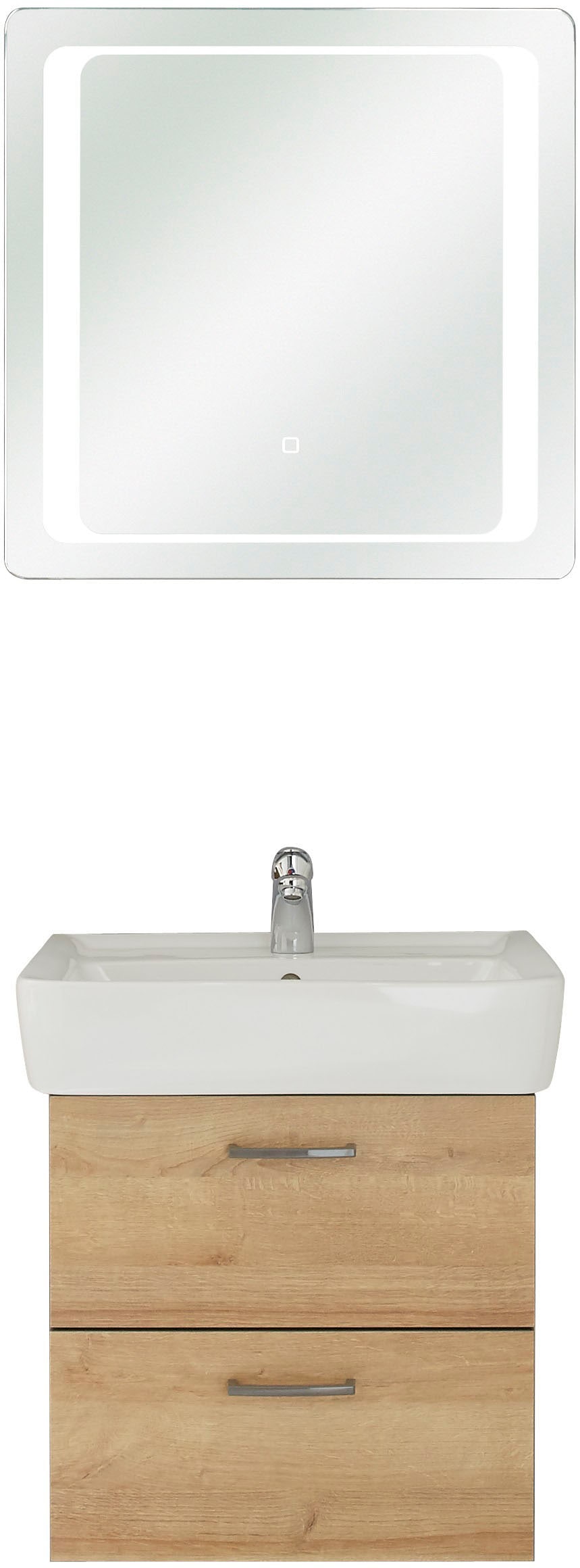 Saphir Badmöbel-Set »Quickset 919 2-teilig, Keramik-Waschtisch mit LED-Spiegel, 70 cm breit«, (2 St.), Waschplatz mit 1 Klappe, 1 Schublade, Waschtisch Set mit Waschbecken