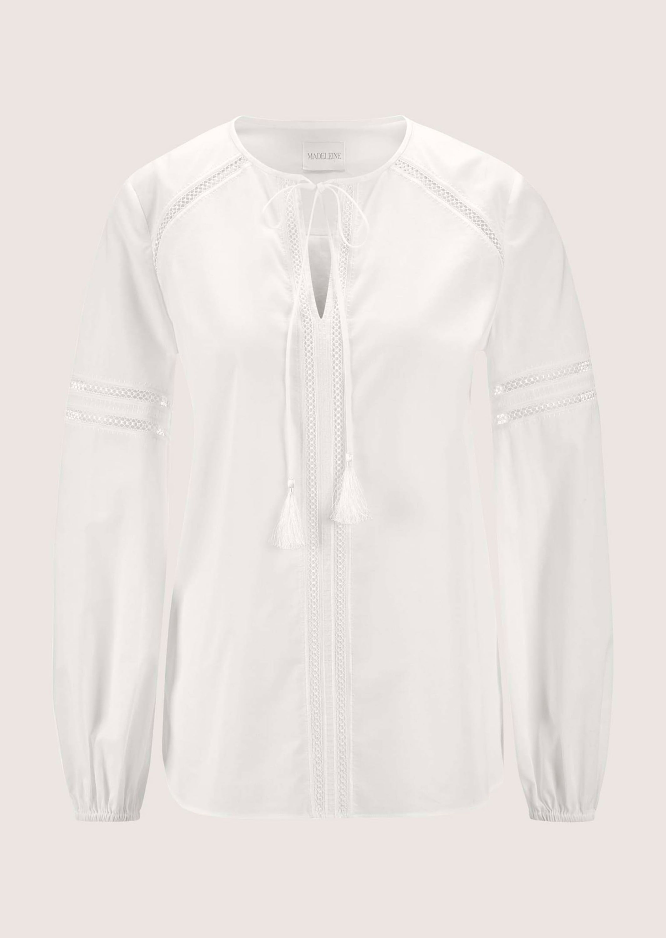MADELEINE Damen Langarmbluse "Bluse Rundhals-Bluse mit Spitze"weiß, Gr. 42, Obermaterial: 100% Baumwolle CO., Blusen