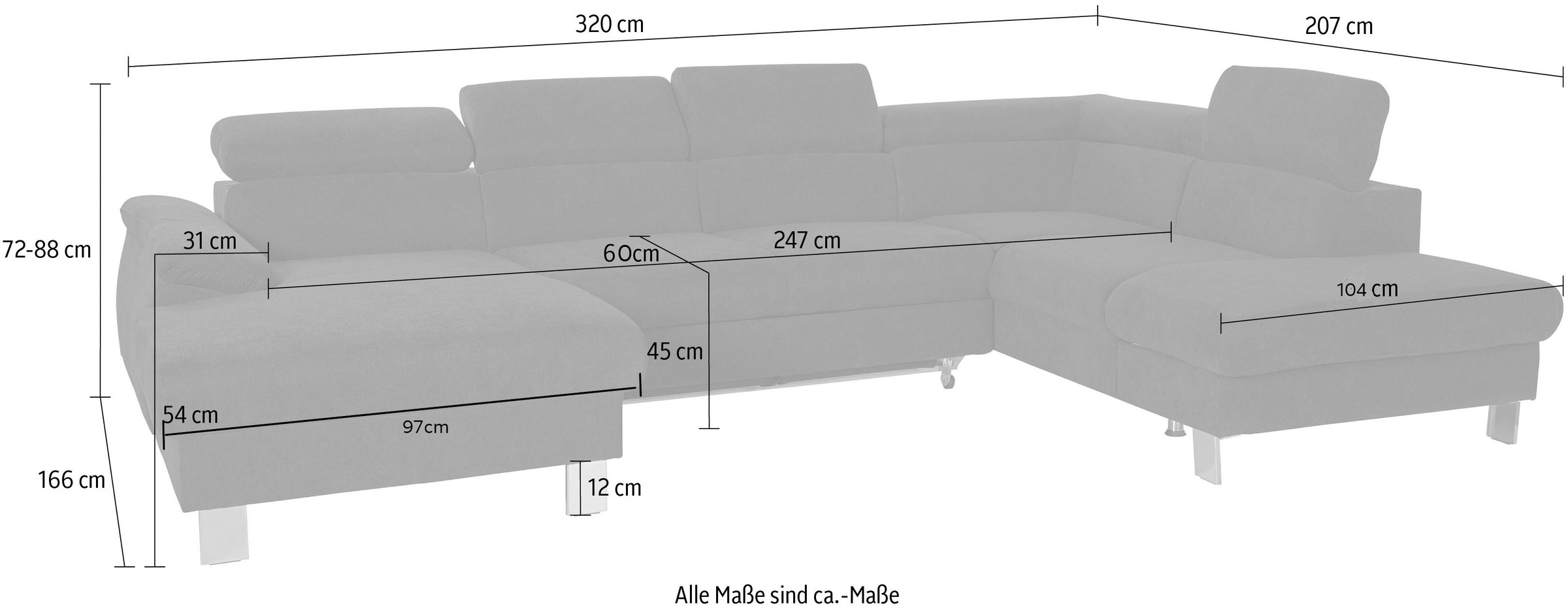 COTTA Wohnlandschaft »Komaris U-Form, B: 320 cm«, mit Kopfteilverstellung, optional Bettfunktion, Bettkasten & Licht
