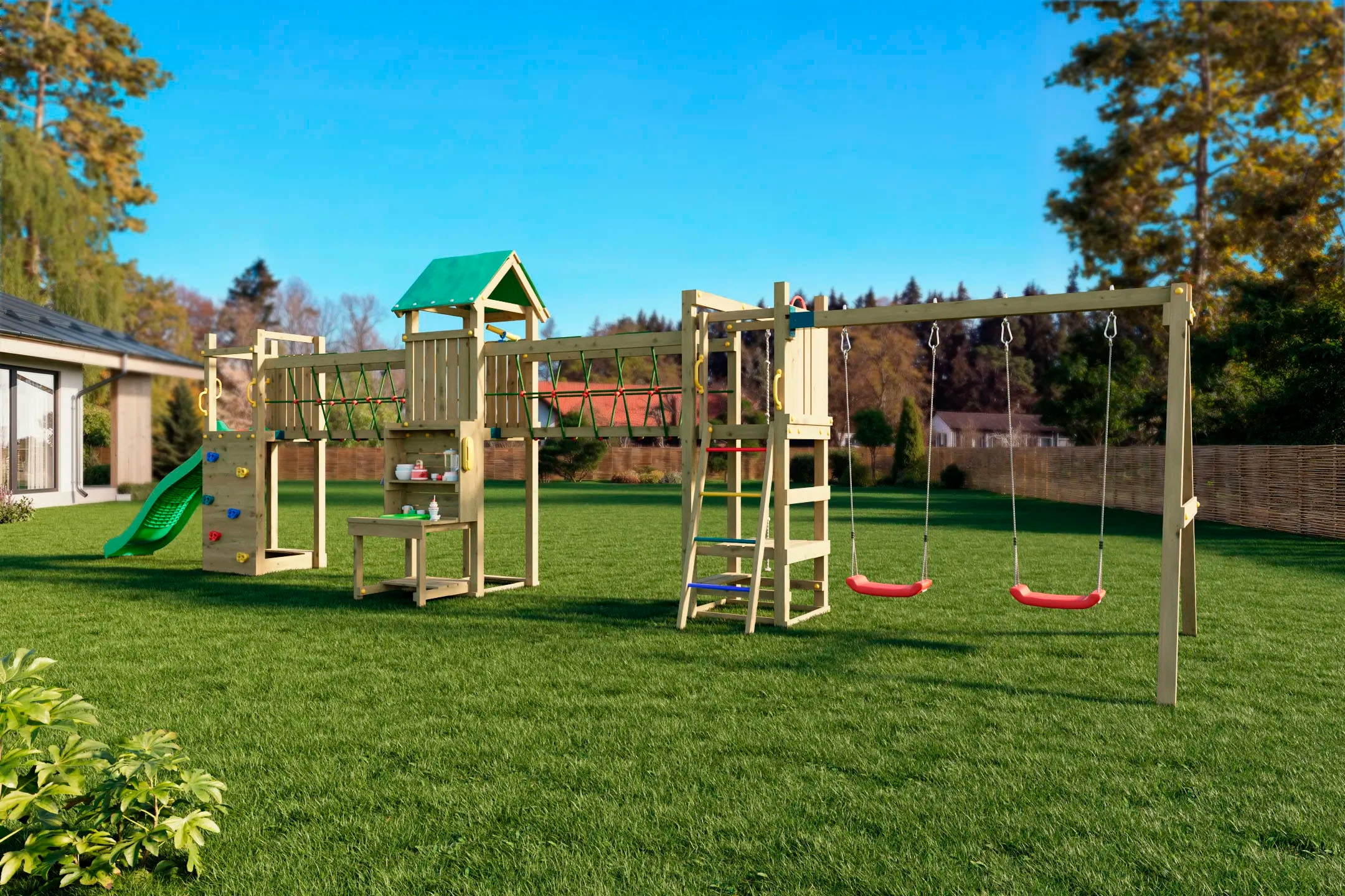 FUNGOO Spielturm »Maxi Funny Space Longer, mit Rutsche, Doppelschaukel, Kletterwand«, Picknicktisch; Made in Europe
