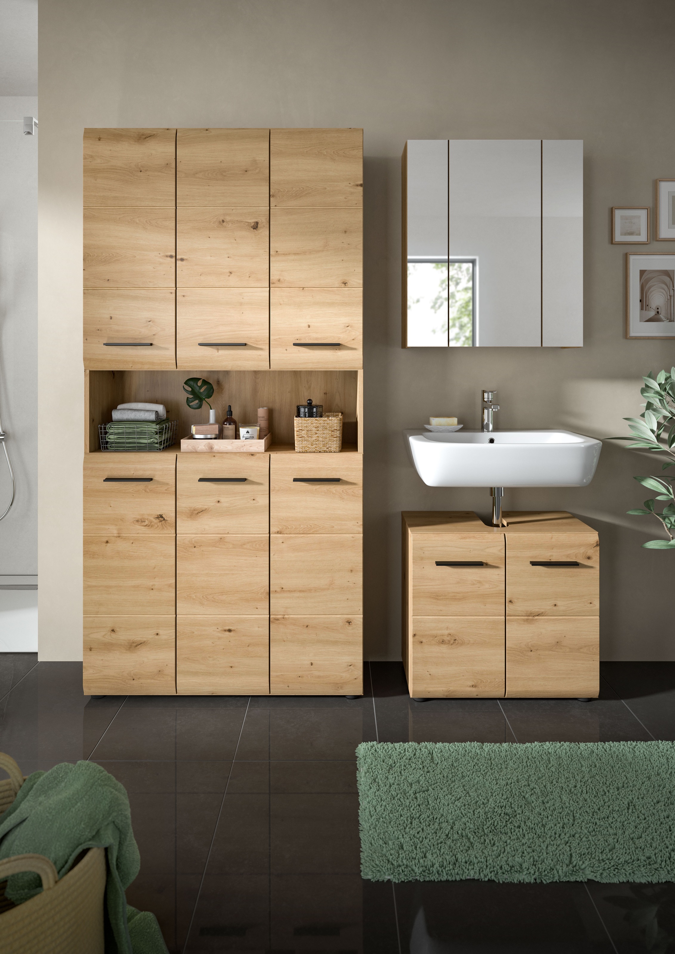 INOSIGN Badezimmer-Set, (Set, 4 St.), Florenz, Badkombination 3-tlg., Artisan Oak NB, Mehrzweckschrank