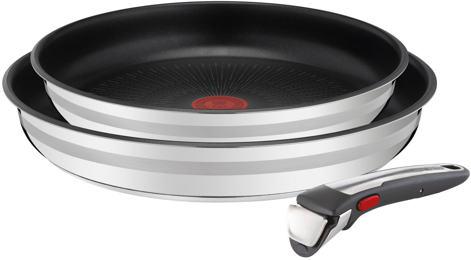 Tefal Pfannen-Set "Jamie Oliver Ingenio G6, Pfannenset abnehmbarer Griff, antihaft" Edelstahl Set, 2x Pfannen Ø 24/28 cm, 1x abnehmbarer Griff, Made in France, 3 Stk. tlg. stapelbar, platzsparend, einfache Reinigung, Induktion, L97691