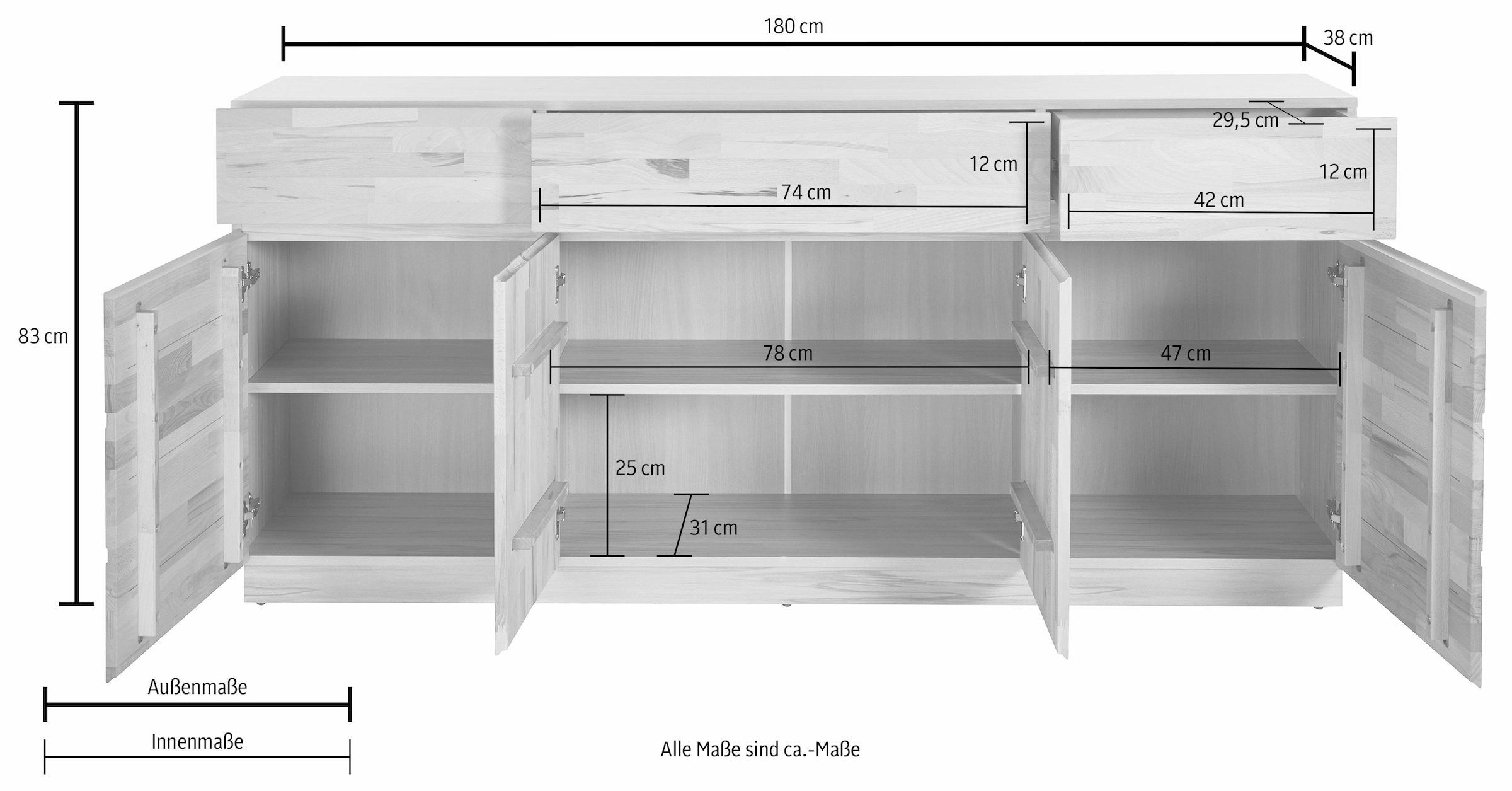 Home affaire Sideboard, Kommode, Breite 180 cm, teilmassiv, FSC®-zertifiziert