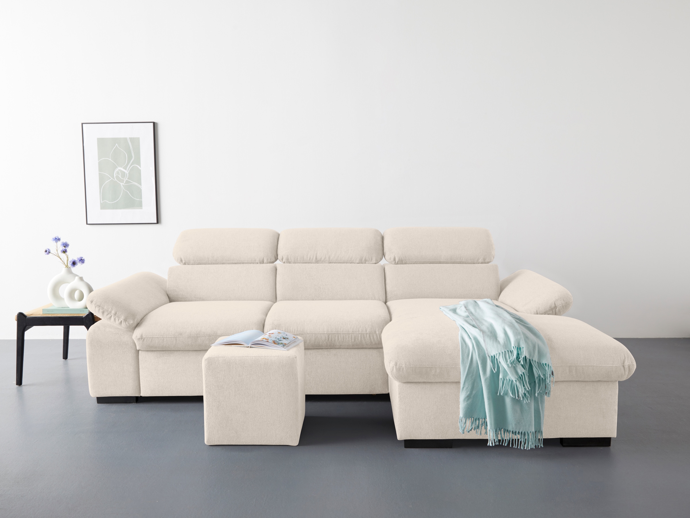 COTTA Ecksofa »Lola L-Form mit Kopfteilfunktion & Hocker«, (Set, mit Hocker), wahlweise mit Bettfunktion, Bettkasten & Armteilverstellung
