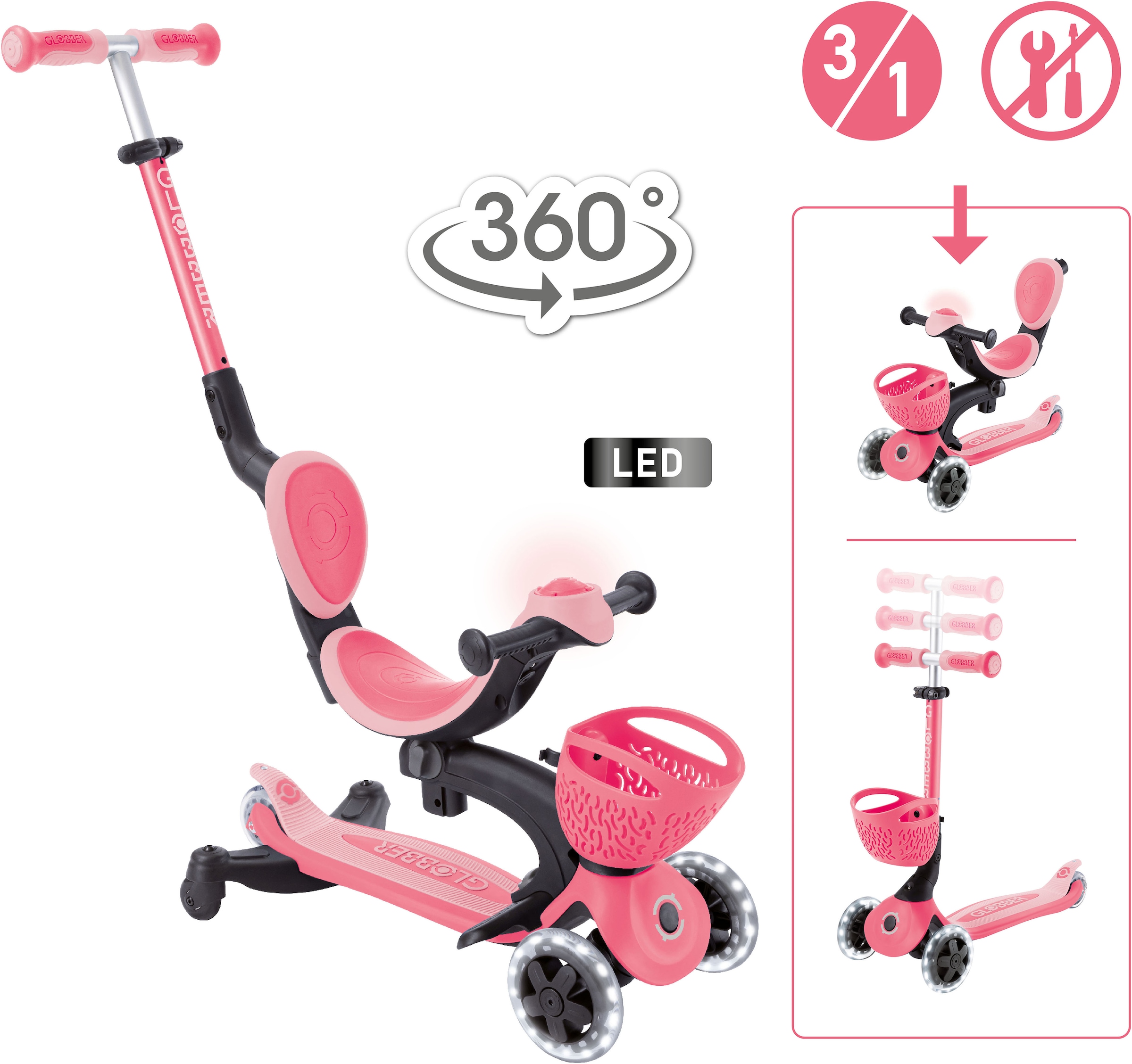 Globber Tretroller »GO-UP BABY 360 LIGHTS, mit Leuchtrollen und Leuchtmodul«
