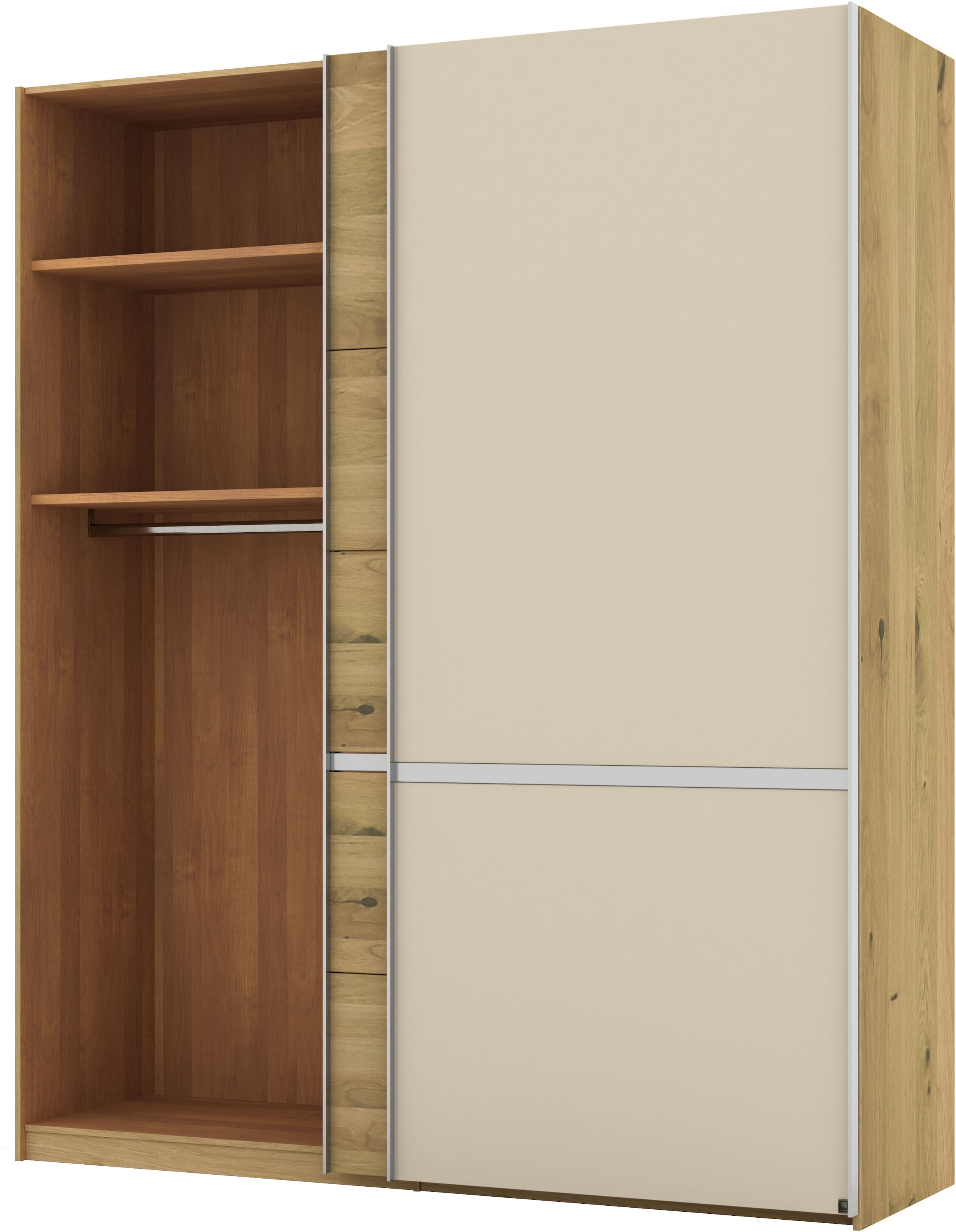 Musterring Schwebetürenschrank »Savona, Kleiderschrank, Schrank, Garderobe, mit Schiebetüren«, (Teilmassiv Bianco-Eiche, mit Spiegel oder Glas, MADE IN GERMANY), Türen Bianco-Eiche massiv, Spiegel-/Glastüren, eingelegte Chromleiste