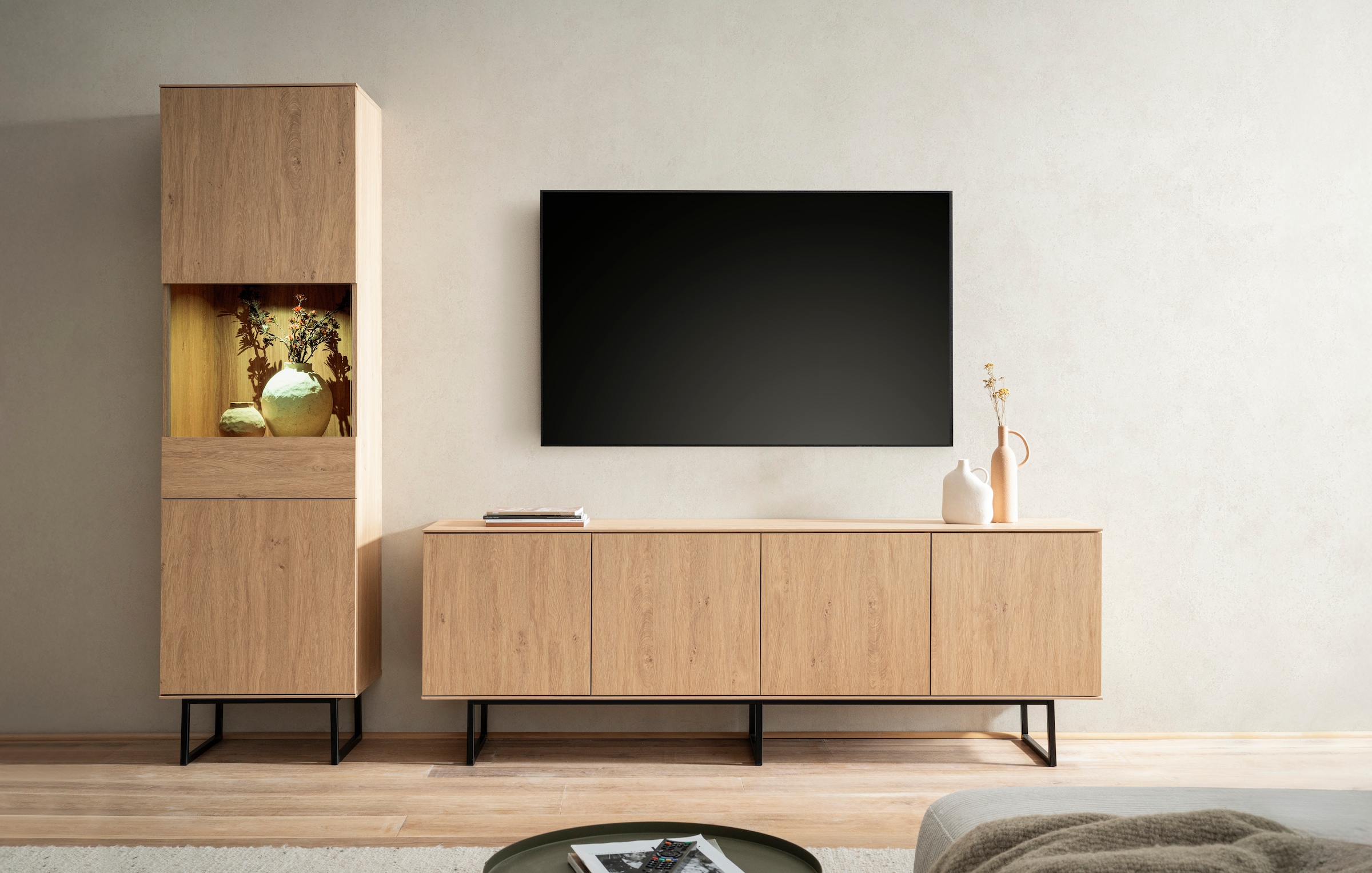 Home affaire Wohnwand "Lund, moderne Anbauwand, Wohnzimmer-Set in Stone Oak günstig online kaufen