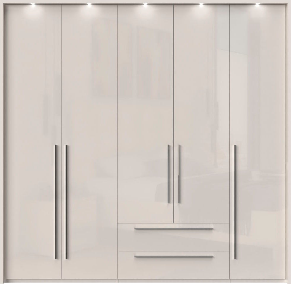 OTTO home Drehtürenschrank "Piano, inklusive Rahmen und Beleuchtung, soft-close-Funktion" viele Breiten zur Auswahl, 226cm hoch, mit jeweils 2 Schubladen, beige oder weiß, UV lackiert, Hochglanzfronten, FSC-zertifiziert