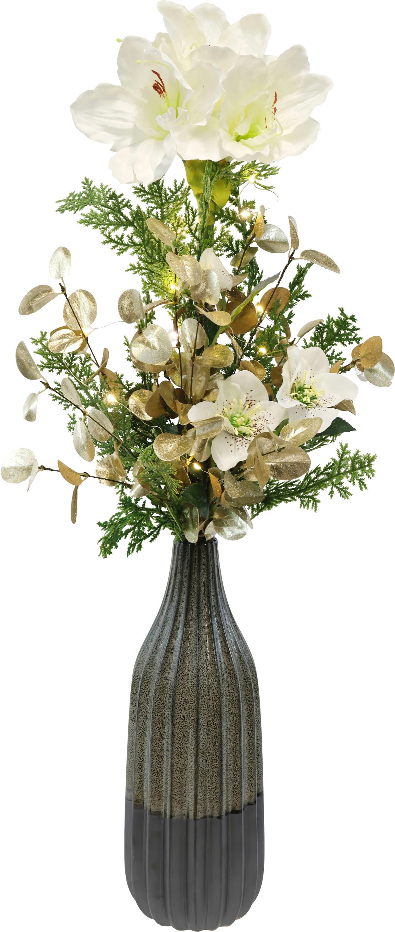 I.GE.A. Winterliche Kunstpflanze »mit Amaryllis in Vase aus Keramik, Blumen-Arrangement, LED-Beleuchtung«, Weihnachtsdeko, Gesteck aus Blüten, Eukalyptus, Koniferen und Zweigen