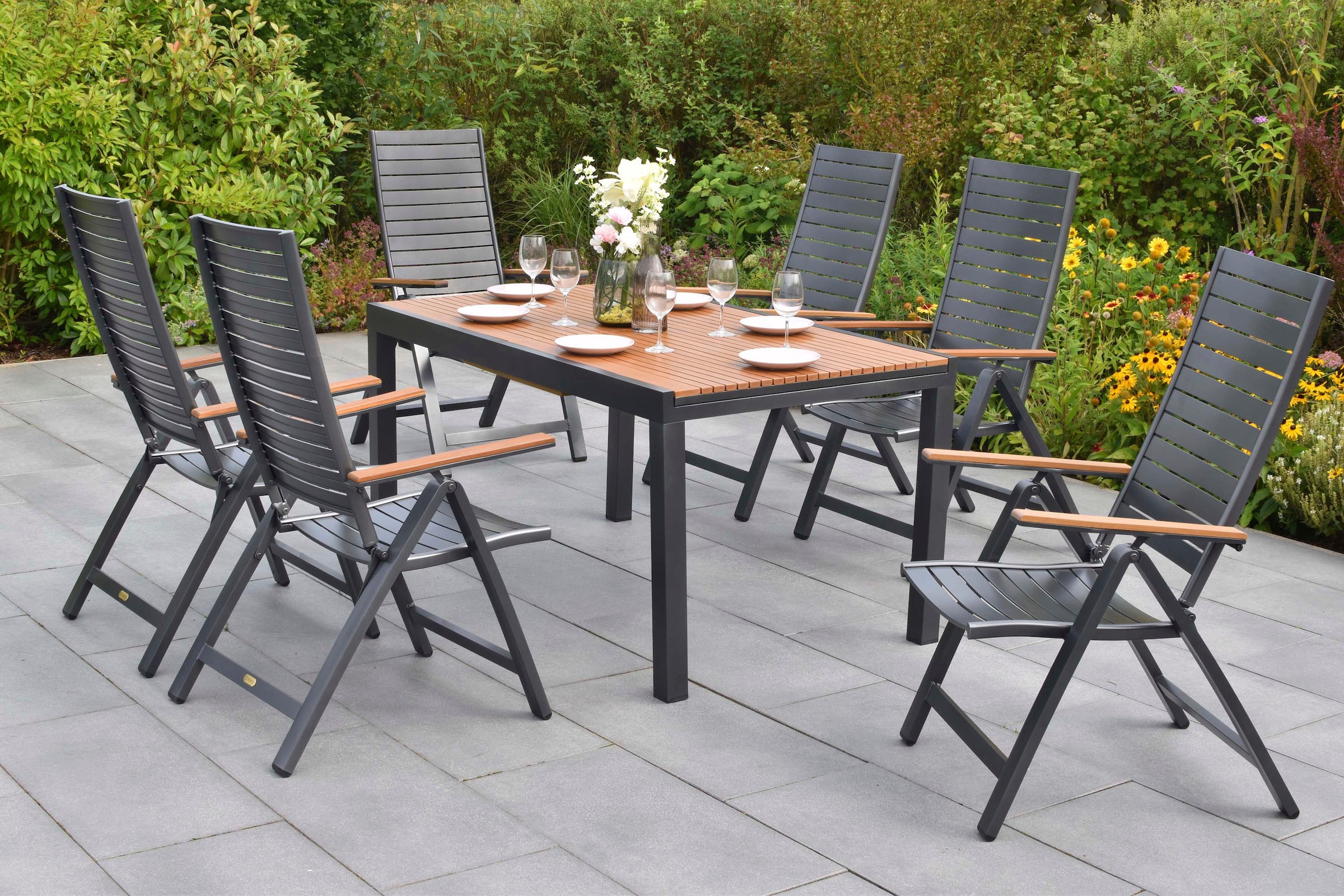 MERXX Garten-Essgruppe »Astros« Set, 7 tlg. inkl. 6 Klappsessel, 1 Ausziehtisch