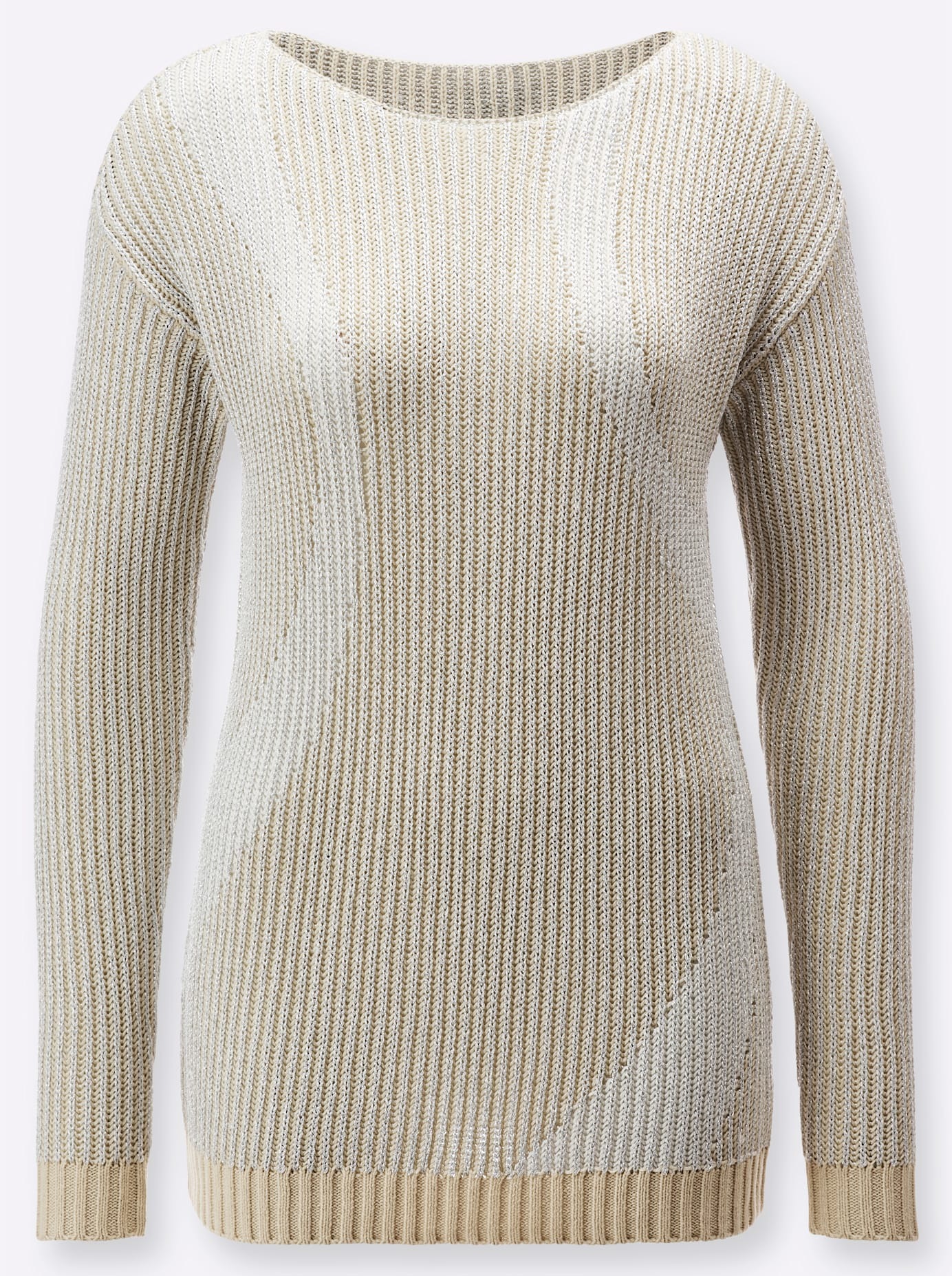 Strickpullover CREATION L "Pullover", Damen, Gr. 52, grau (sand, silberfarben, gemustert), 40% Baumwolle, 40% Polyacryl, 20% metallisierte Fasern, gemustert, Pullover Strickpullover 3