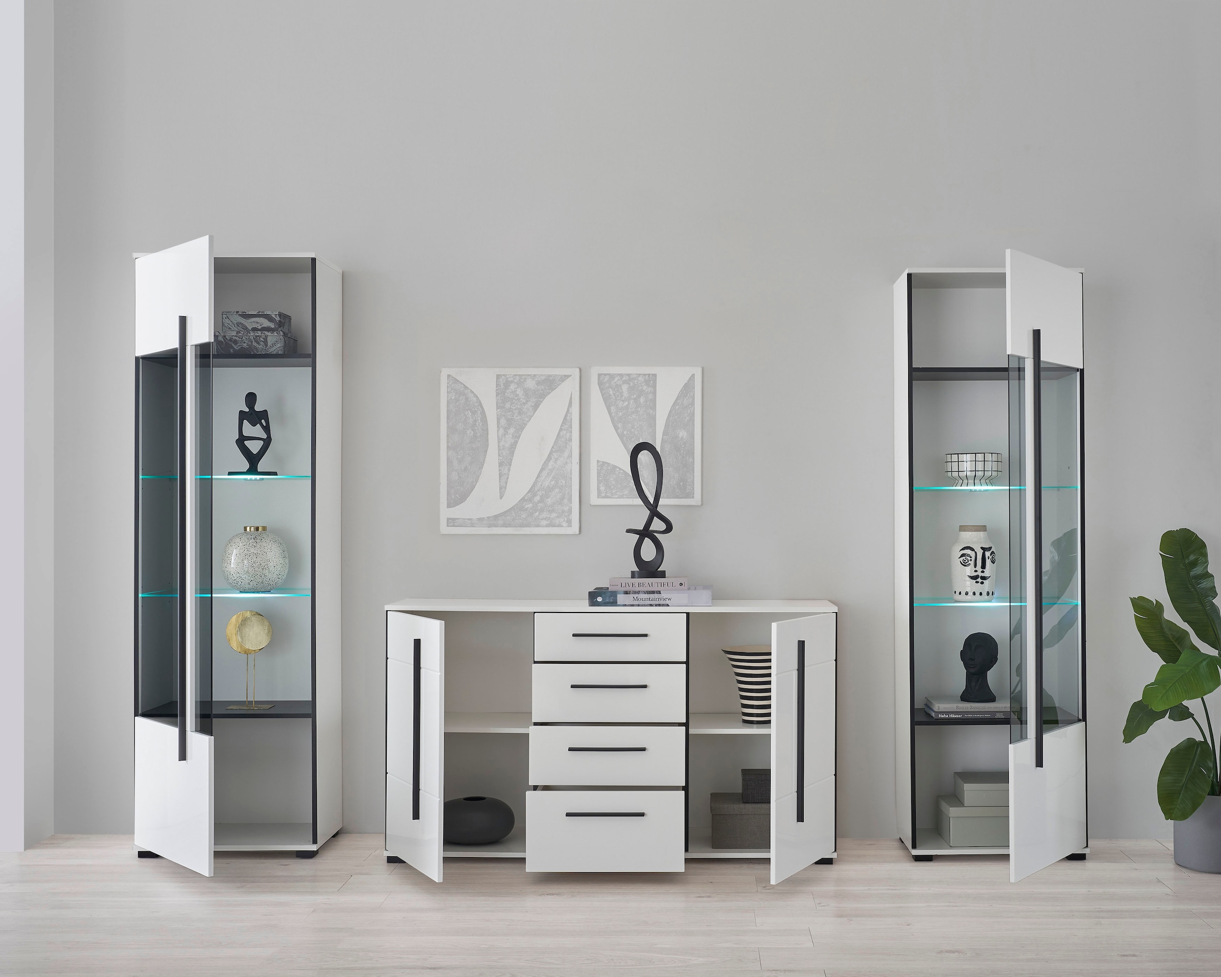 INOSIGN Wohnwand »Cantara, moderne Anbauwand, Wohnzimmer-Set, in Eiche Evoke oder Weiß«, (Set), enthält zwei Vitrinen und ein Sideboard