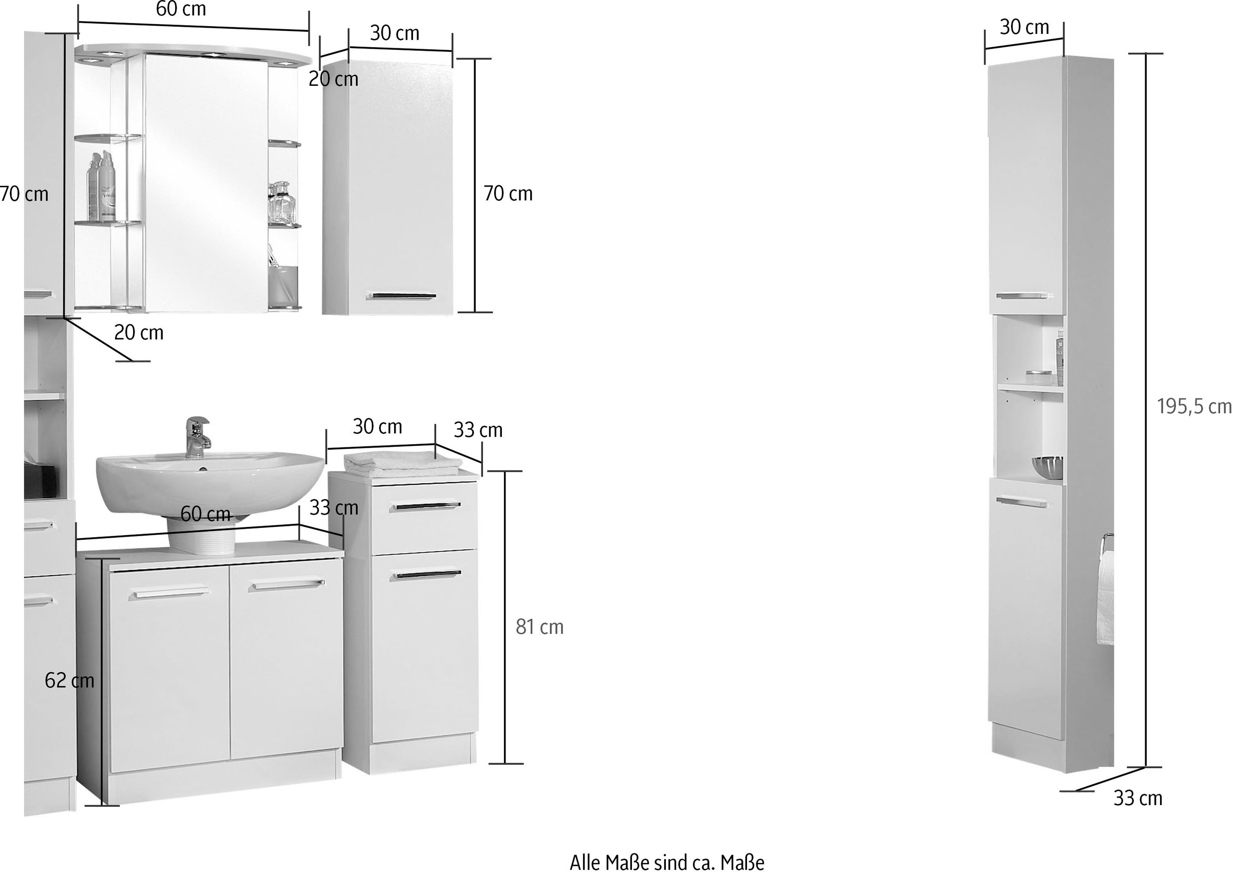 Saphir Badmöbel-Set »Quickset 335 5-teilig, Waschbeckenunterschrank mit LED-Spiegelschrank«, (5 St.), Hochschrank, Unterschrank, Hängeschrank, inkl. Türdämpfer, 7 Türen