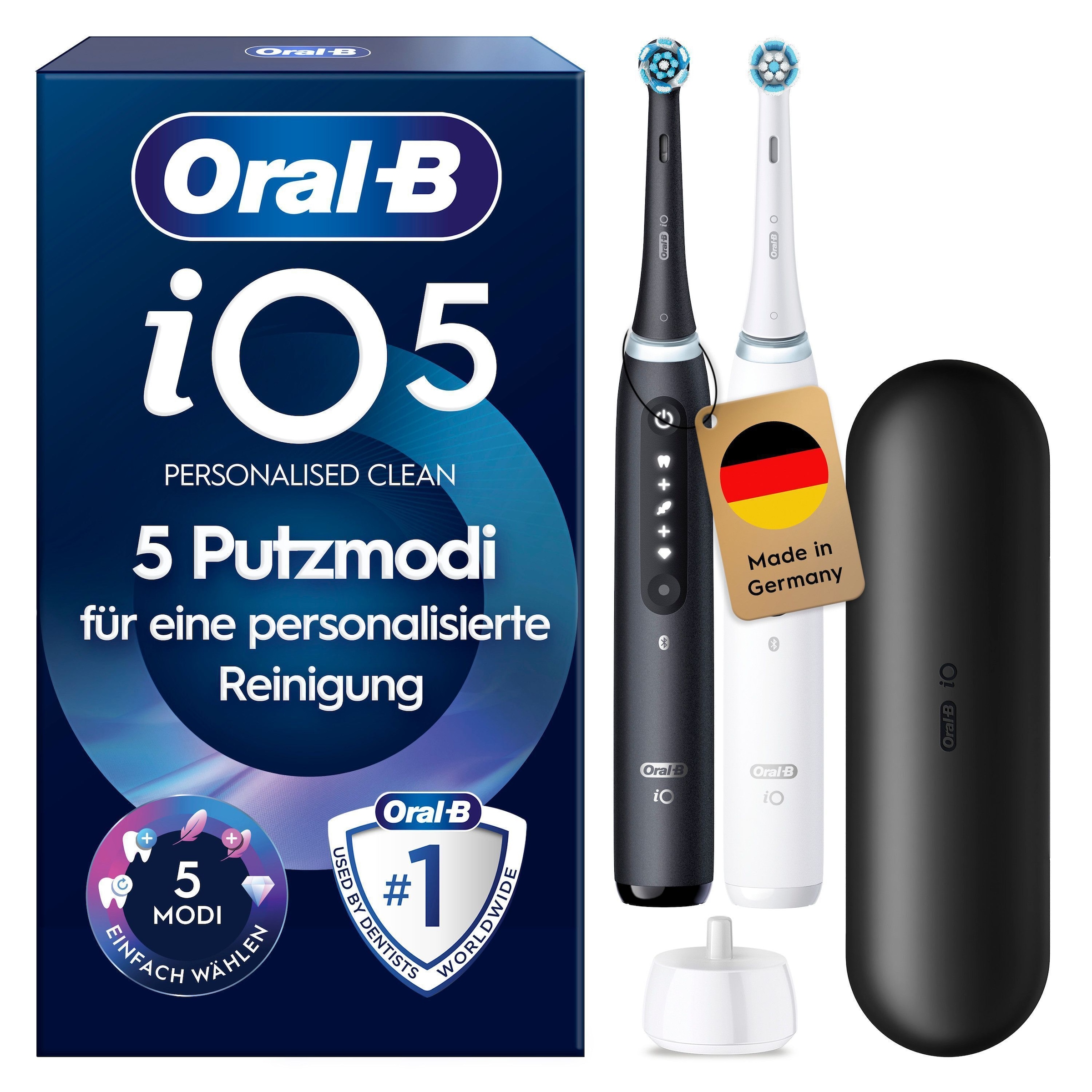 Oral-B Elektrische Zahnbürste "iO 5 Duopack" 2 Stk. Aufsteckbürsten mit Magnet-Technologie, LED-Anzeige, 5 Putzmodi, Reiseetui