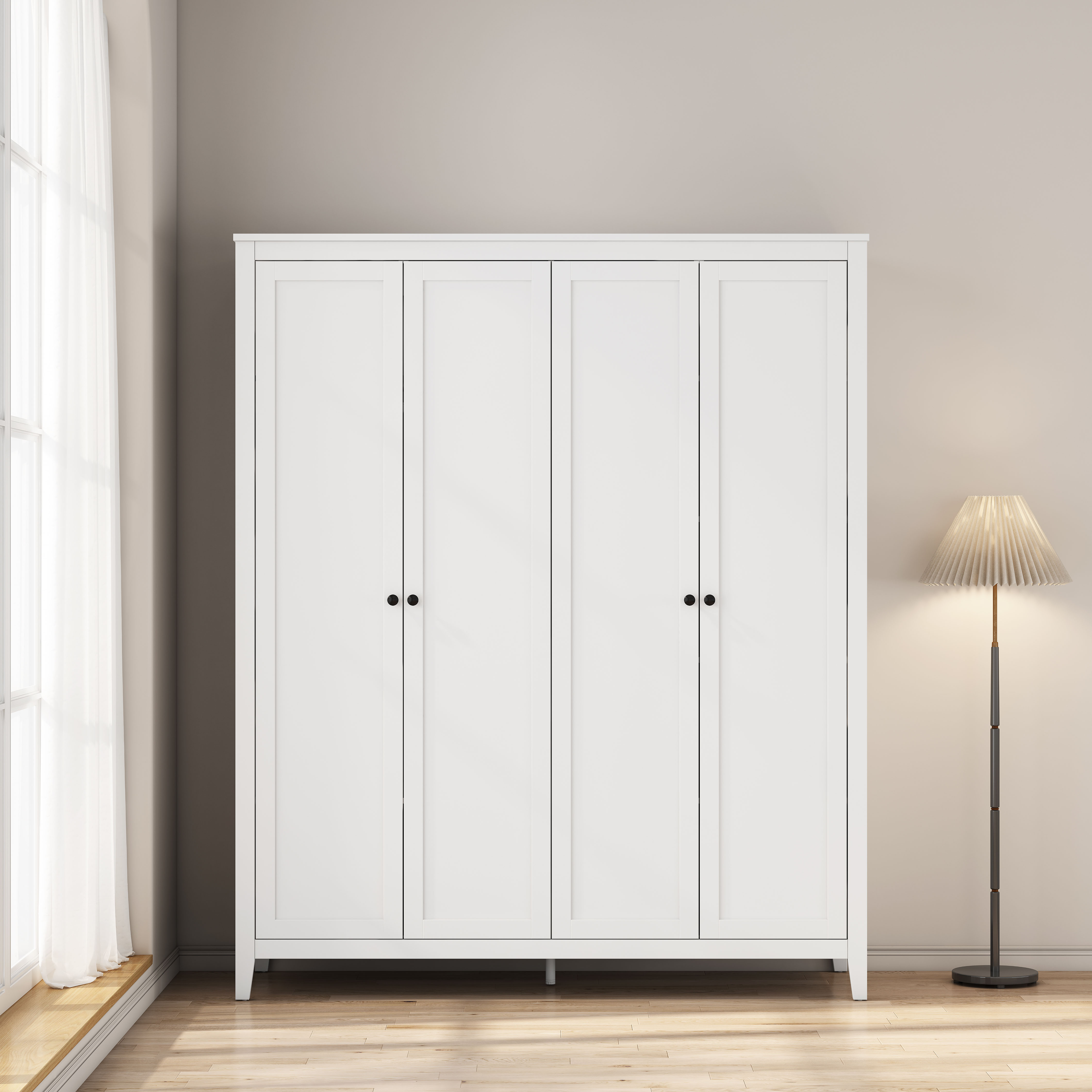 OTTO home Kleiderschrank "Borkum Sideboard Anrichte mit 6 Schubladen Landhaus weiß" schwarze Griffe aus Metall, Schlafzimmerschrank mit 6 Böden und Kleiderstange, 4 Türen