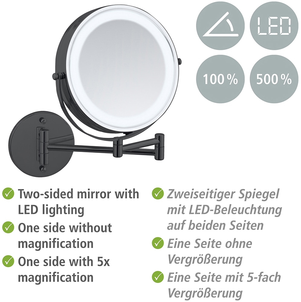 Wenko Power-Loc® LED Wandspiegel Lumi Schwarz mit 5-fach Vergrößerung