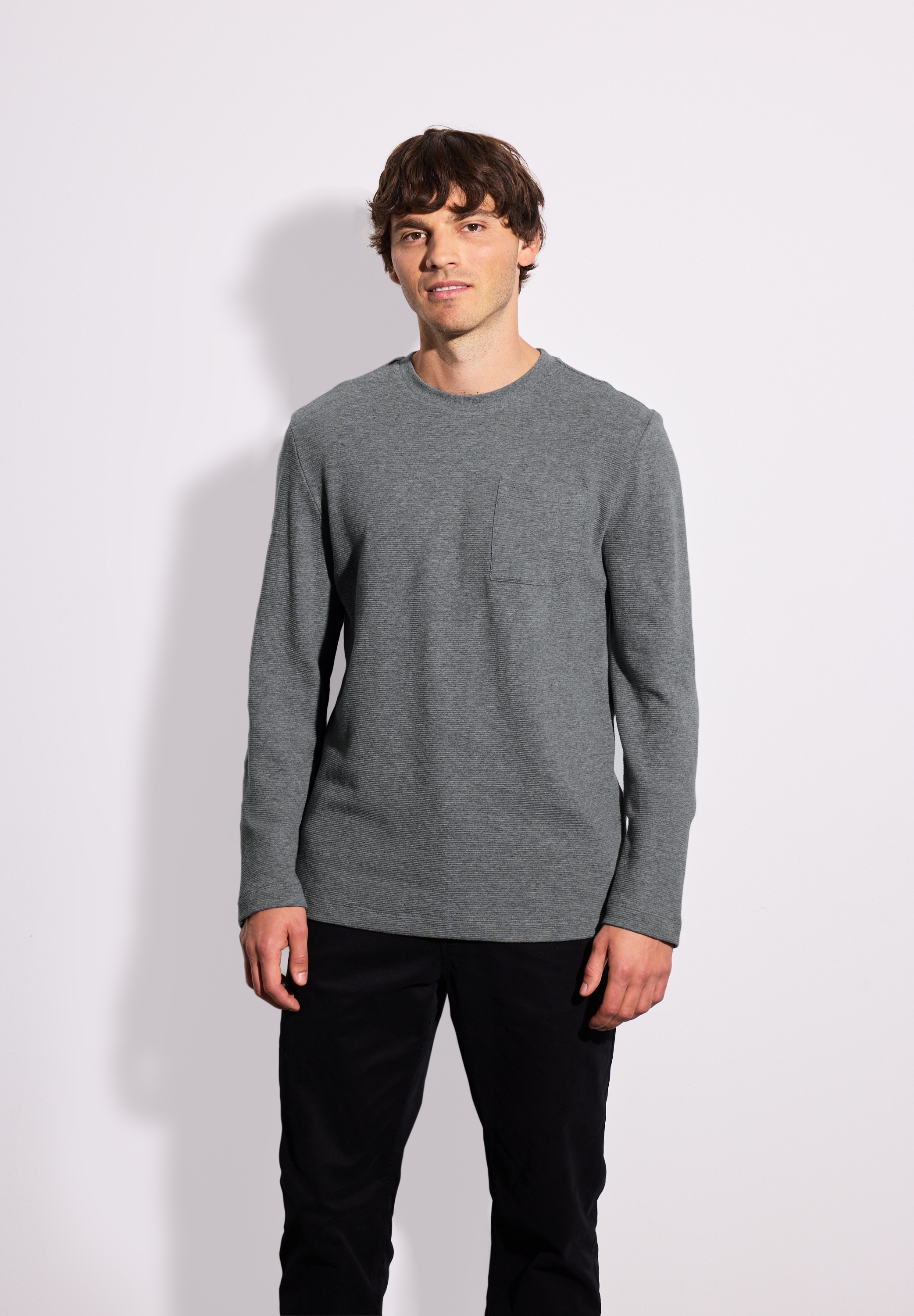 Langarmshirt STREET ONE MEN, Herren, Gr. XXL (46), metal grau melange, Web, 100% Baumwolle, unifarben, normal normal, Rundhals, abgesteppt, Shirts Langarmshirt, aus reiner Baumwolle