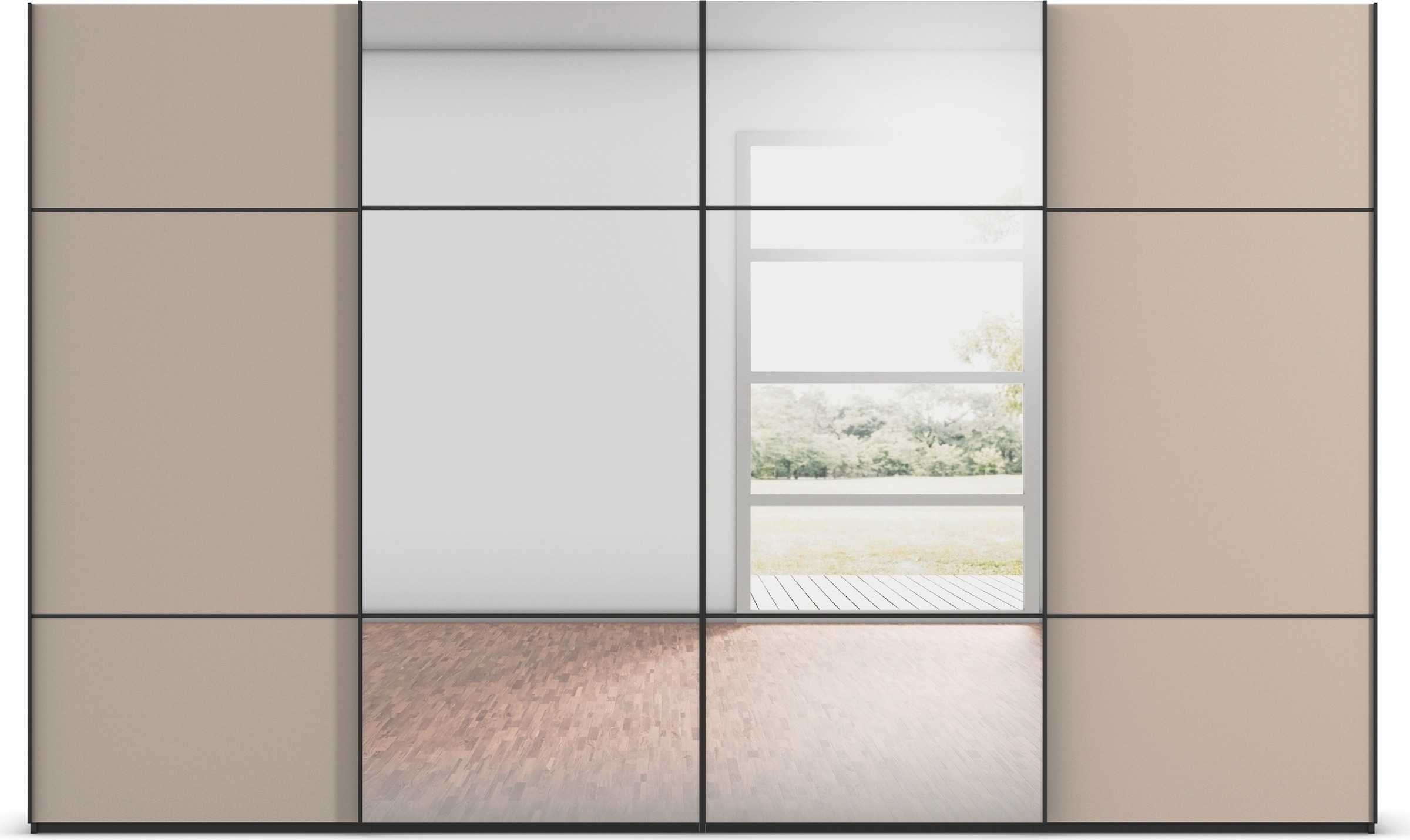 rauch Schwebetürenschrank »Kleiderschrank Schrank Garderobe Schlafzimmerschrank SCALE-TRIO«, edle dreigeteilte Front mit 2 Zierleisten Spiegel/Glas MADE IN GERMANY