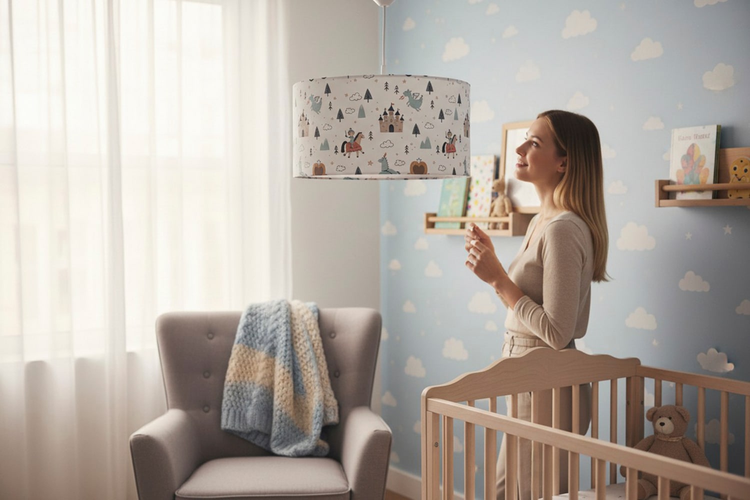 niermann Hängeleuchte »Stoff-Pendelleuchte mit Motiv "Ritter Theo", Kinderzimmer, Kinderlampe« E27 1 Stk. Stoffschirm, höhenverstellbare Pendelaufhängung, Made in Germany