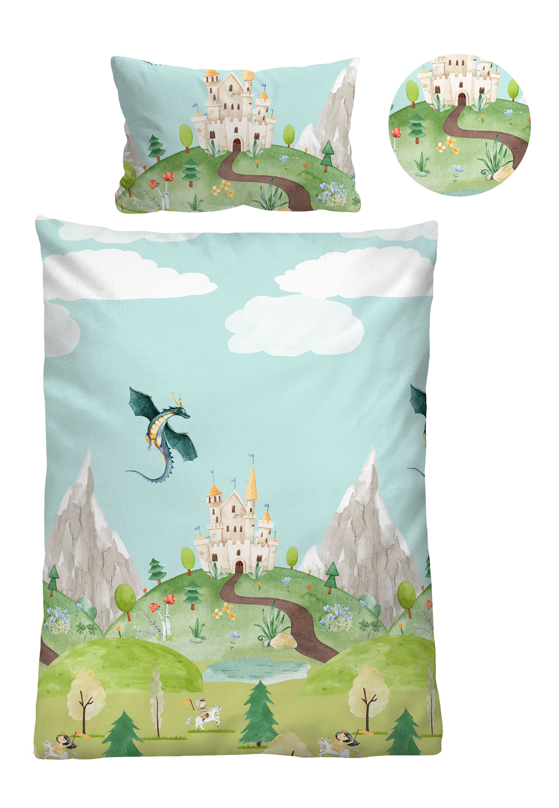 Biberna Kinderbettwäsche "0044331 Drache & Ritter" 2 Stk. hautfreundlich, kühlend, mit Reißverschluss, ganzjährig einsetzbar