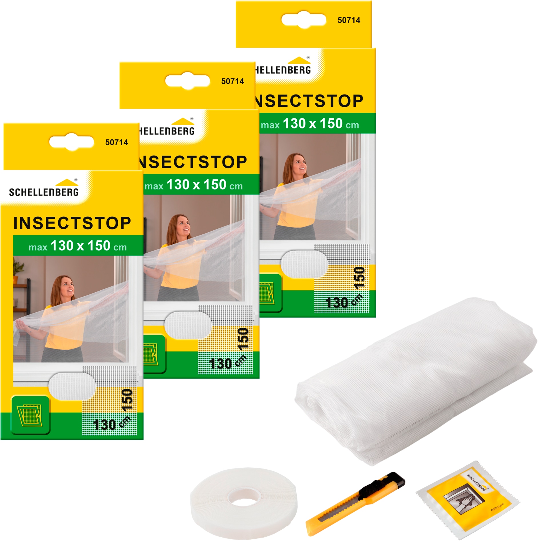 SCHELLENBERG Fliegengitter-Gewebe "für Fenster ohne bohren" Set, 3 Stk. tlg. Insektenschutz inkl. Befestigungsband, 130 x 150 cm, anthrazit, weiß