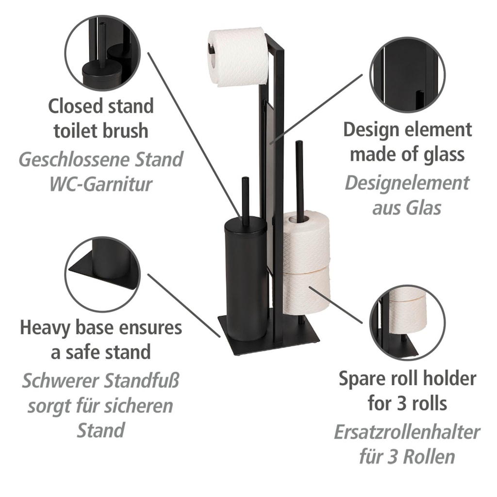 WENKO WC-Garnitur »Rivalta«, aus Stahl-Glas-Polypropylen, schwarz, 3 in 1 Standgarnitur