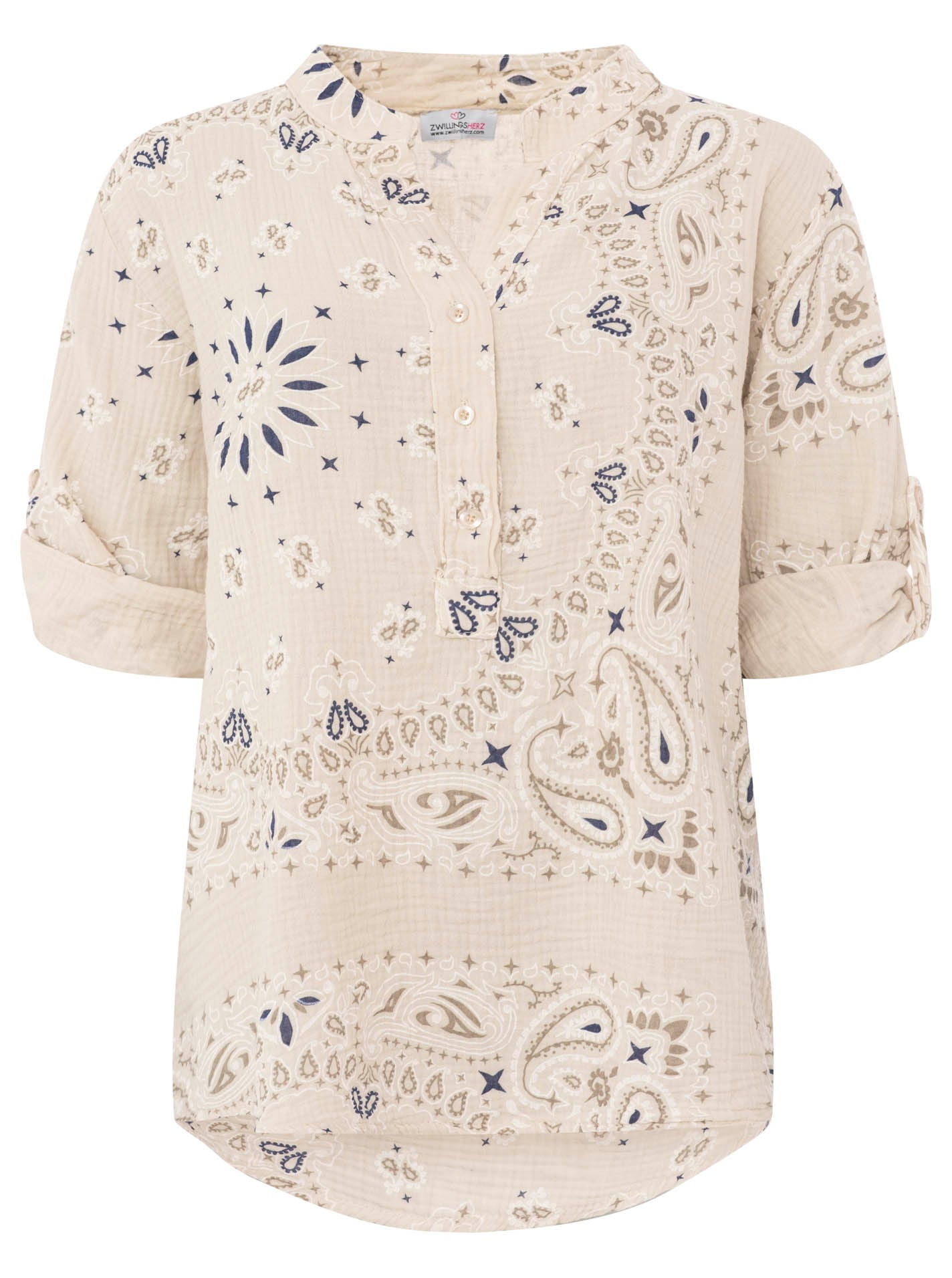 Zwillingsherz Kurzarmbluse »"Paisley Dreams"« Musselin, Paisley Muster, umgeschlagene Ärmel, V-Neck mit Knopfleiste