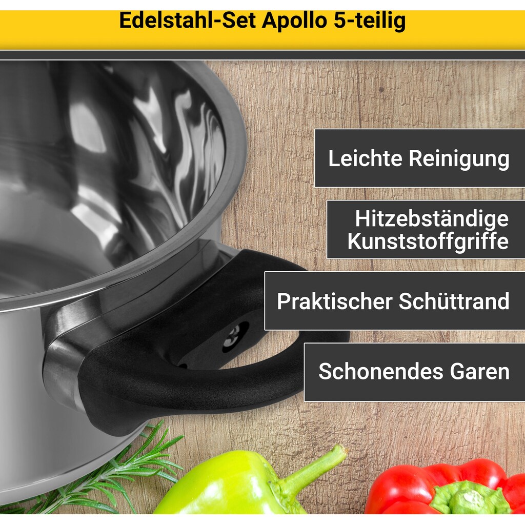 Krüger Topf-Set »Apollo«, Edelstahl, (Set, 9 tlg., 1 Bratentopf Ø 16/20 cm, 1 Fleischtopf Ø 16/20 cm, 1 Stieltopf Ø 16 cm)