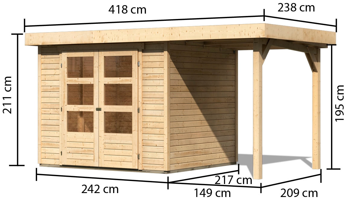 KONIFERA Gartenhaus »"Asendorf 3" SET naturbelassen mit Anbaudach 1,5 m Breite«, aus hochwertiger nordischer Fichte