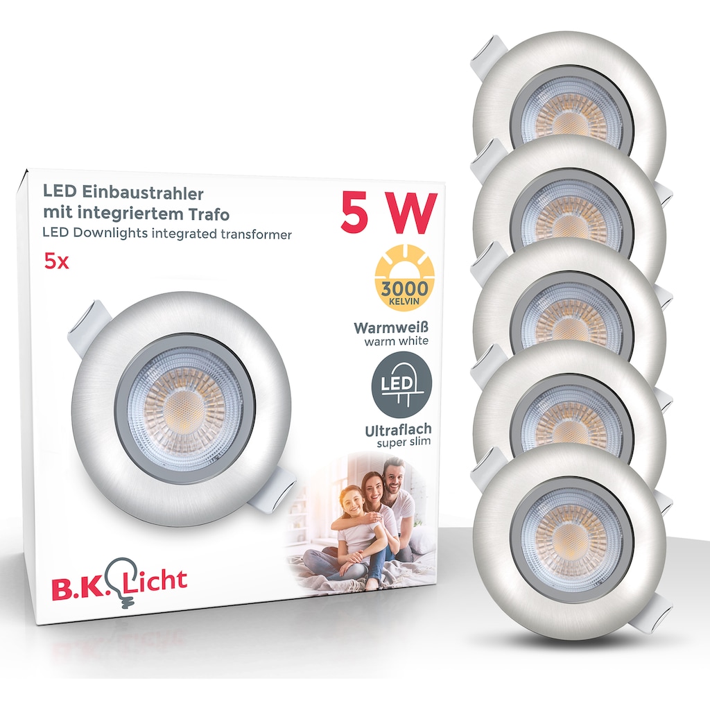 B.K.Licht LED Einbauleuchte, 5 flammig-flammig, Einbaustrahler, schwenkbar, ultra flach, 5x LED-Modul 5W 450lm 3000K