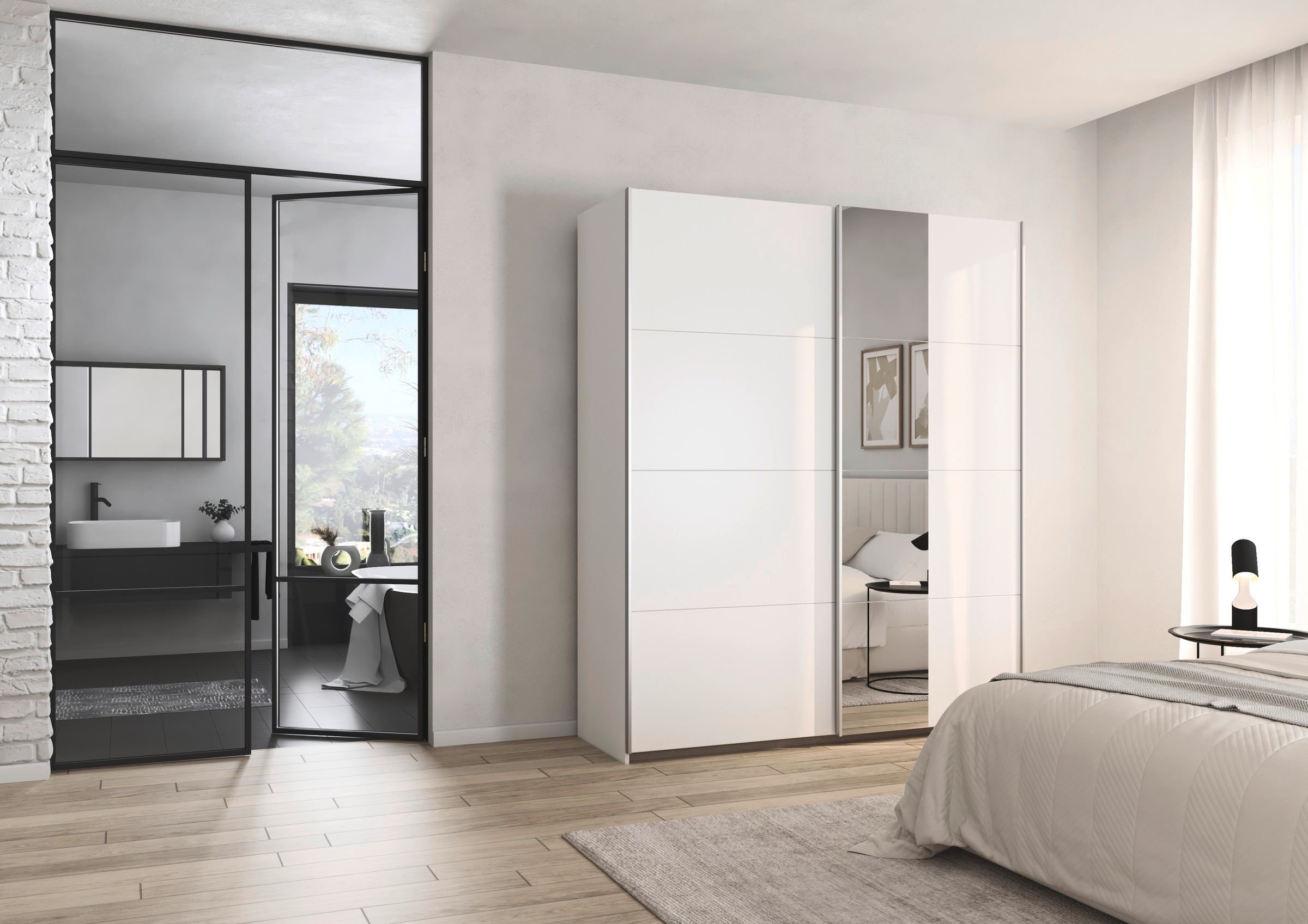 rauch Schwebetürenschrank »Kleiderschrank Schrank Garderobe Schlafzimmerschrank OXFORD«, (in 3 verschiedenen Ausstattungen BASIC/CLASSIC/PREMIUM), mit Griffleisten aus Metall, auch für kleinere Räume MADE IN GERMANY