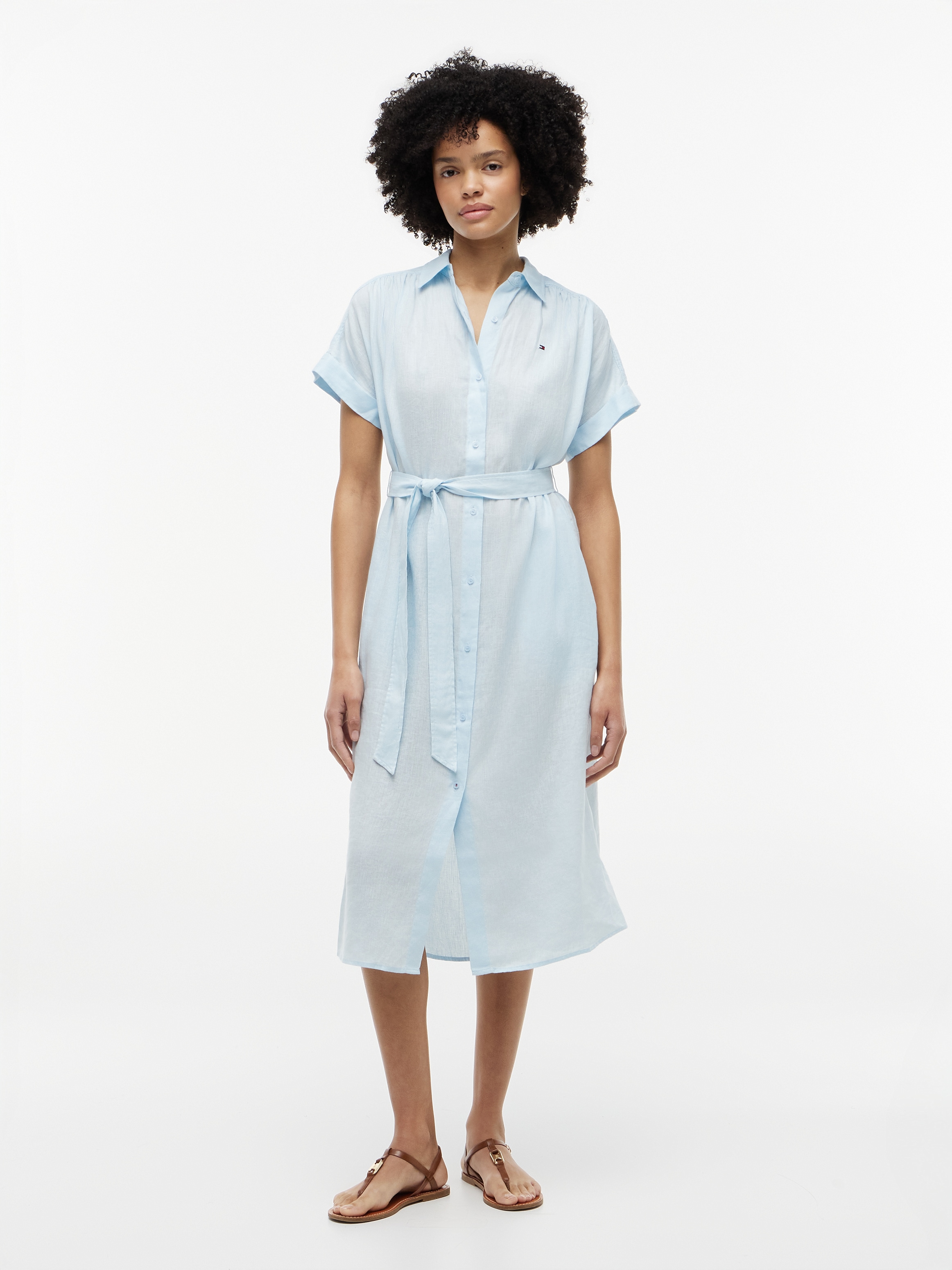 Tommy Hilfiger Hemdblusenkleid "LINEN BELTED KNEE SS SHIRT DRESS" doppelte Eingrifftaschen mit Bindegürtel