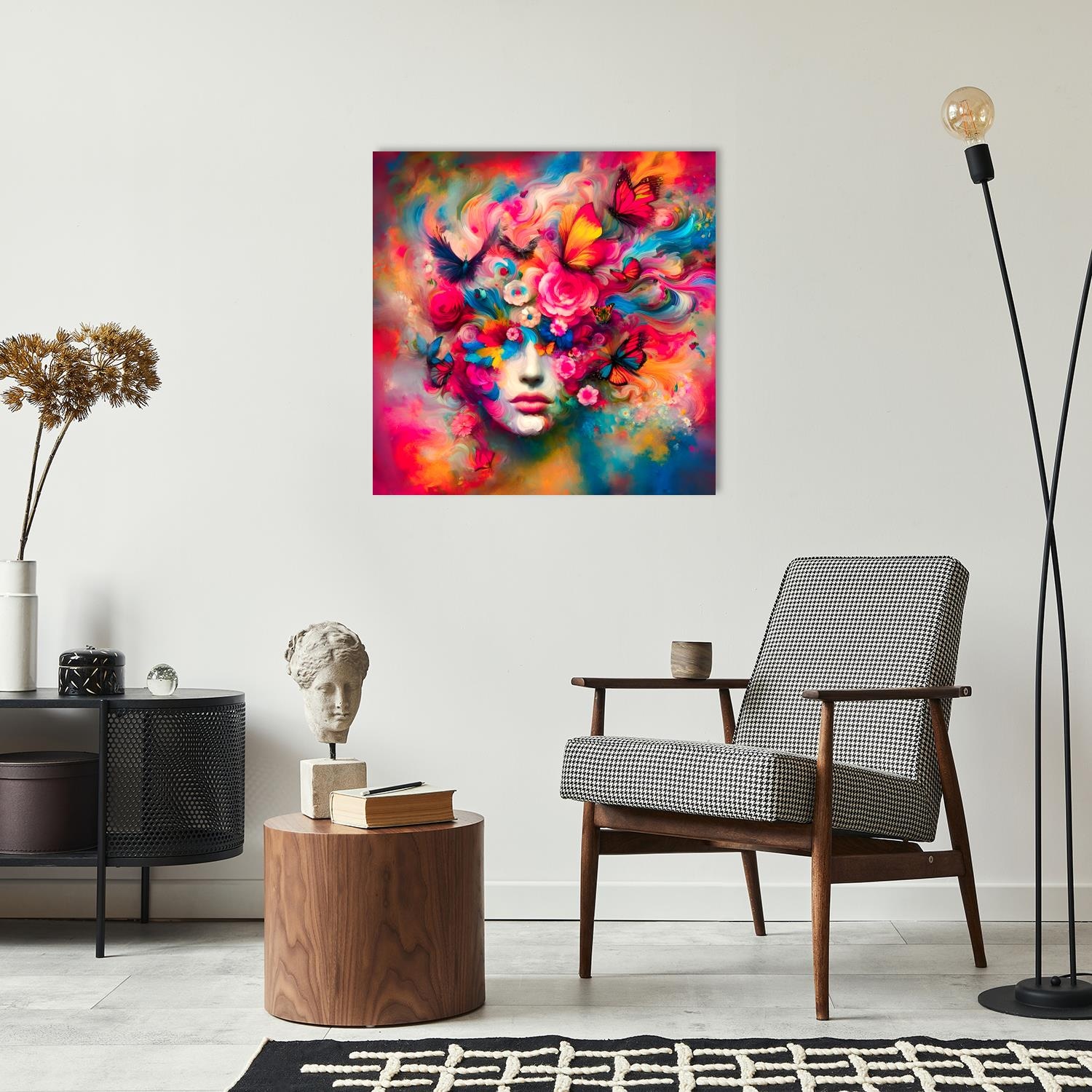 queence Acrylglasbild »Eingehüllt in Blumen und Schmetterlinge«, Vögel-Fantasy-Frau-Tiere-Blumen-Blumenbilder-Vogelbilder, (1 St.), Kunst, knallige Farben, bunt