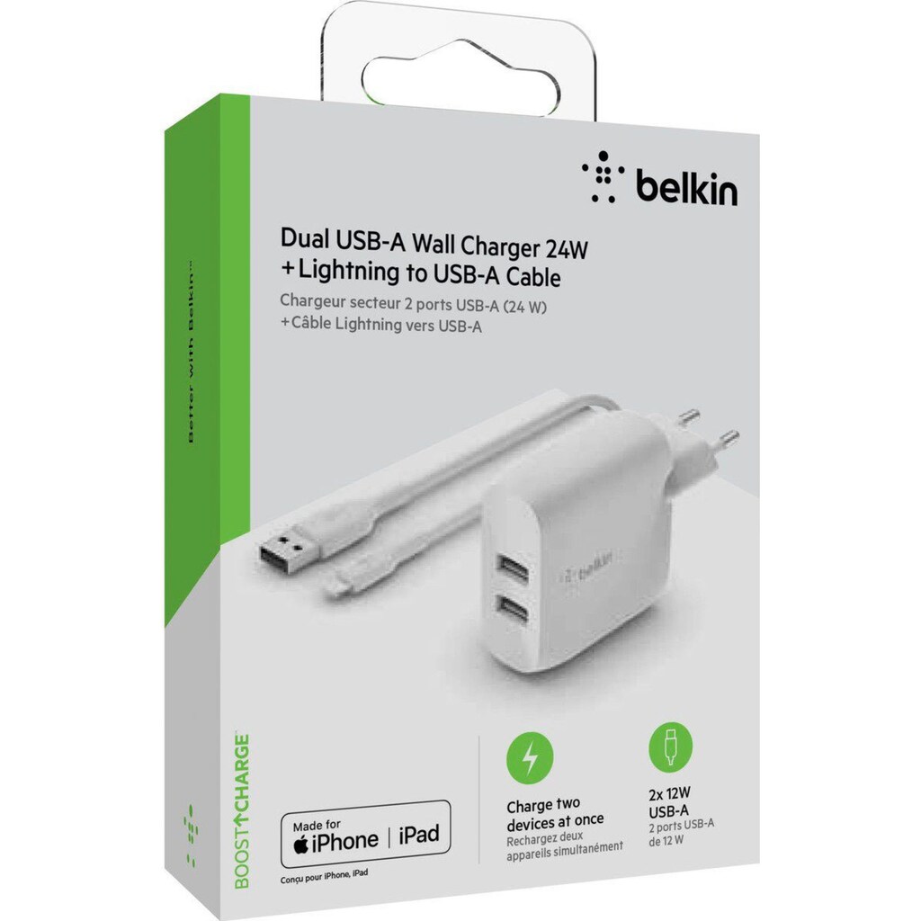 Belkin Schnelllade-Gerät »Dual USB-A Ladegerät incl. Lightning Kabel 1m«