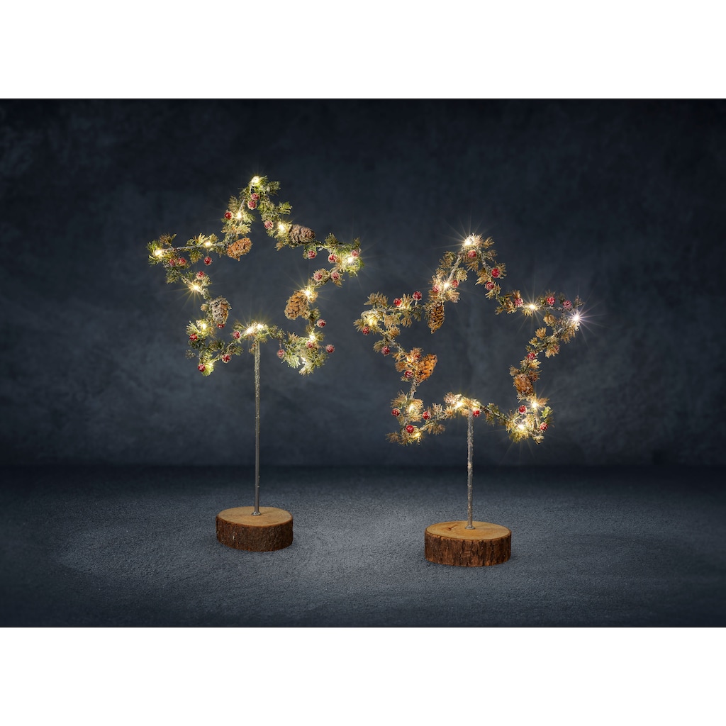 BONETTI LED Stern »Früchte und Zapfen«, 2 St., Warmweiß, 2er Set, mit Holzfuß, Höhe ca. 39 cm + 49 cm
